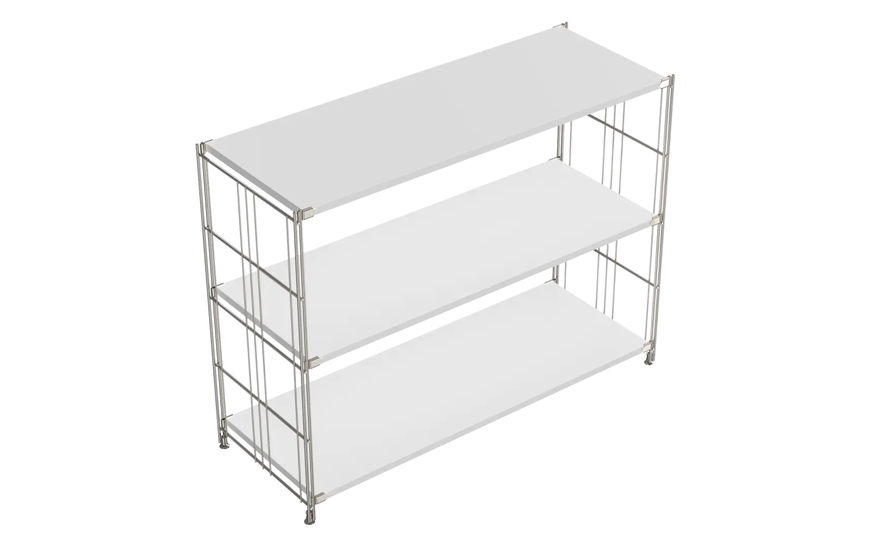 BIII Regal 80 x 104 x 38 cm mit 3 weißen Holzböden – Art.-Nr. 909204 Das großzügige BIII Regal mit den Maßen 80 cm Höhe, 104 cm Breite und 38 cm Tiefe bietet viel Platz und überzeugt durch sein klares, offenes Design. Mit drei weißen Holzböden ausgestattet, eignet sich das Regal ideal zur Aufbewahrung von Deko, Büchern, Geschirr oder Bürobedarf. Die beiden seitlich angebrachten verchromten Metallleitern sorgen für Stabilität und setzen mit ihrer glänzenden Oberfläche einen modernen Akzent. Die Böden sind gleichmäßig verteilt und harmonisch ins Gittergestell eingebettet.