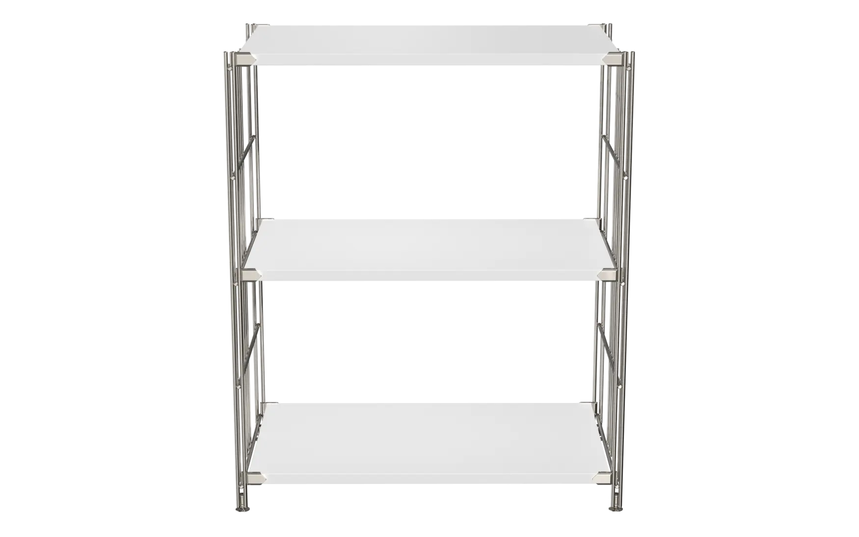 BIII Regal 80 x 65 x 38 cm mit 3 weißen Holzböden – Art.-Nr. 909202 Das geräumige BIII Regal mit den Maßen 80 cm Höhe, 65 cm Breite und 38 cm Tiefe bietet mehr Platz bei gewohnt schlankem Design. Mit drei weißen Holzböden ausgestattet, eignet es sich ideal zur Aufbewahrung von Büchern, Wohnaccessoires oder Büroartikeln. Die seitlichen Regalleitern bestehen aus hochwertigem, glänzend verchromtem Stahl und sorgen für Stabilität sowie einen modernen, luftigen Look.