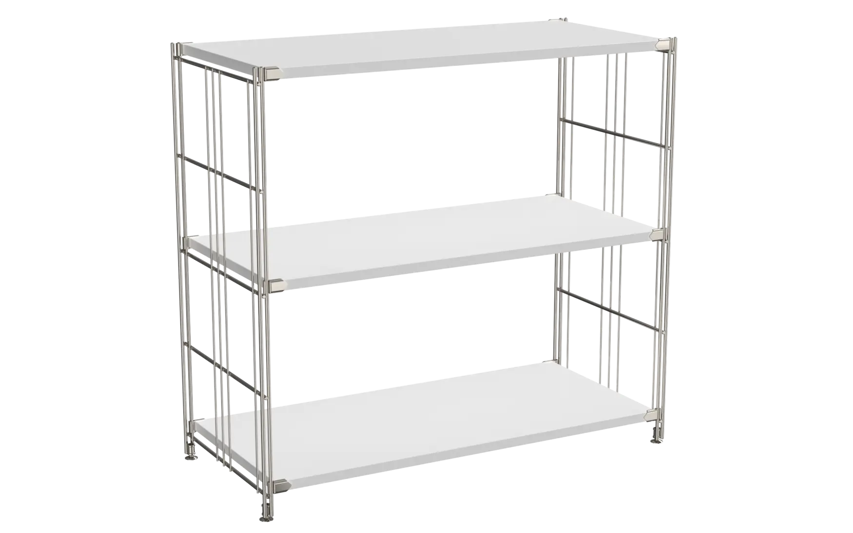 BIII Regal 80 x 85 x 38 cm mit 3 weißen Holzböden – Art.-Nr. 909203 Das großzügige BIII Regal mit den Maßen 80 cm Höhe, 85 cm Breite und 38 cm Tiefe überzeugt durch seine klare Formensprache und vielseitige Einsatzmöglichkeiten. Mit drei weißen Holzböden bietet es reichlich Stauraum – ideal für Bücher, Wohnaccessoires, Geschirr oder Bürobedarf. Die seitlichen Regalleitern bestehen aus hochwertigem, glänzend verchromtem Stahl und geben dem Regal seine typische BALTON-Stabilität und den modernen Industrie-Look.