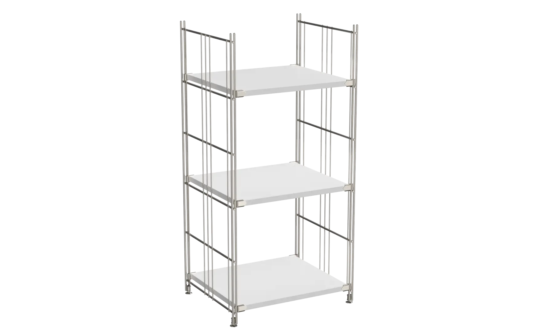 BIII Regal 98 x 46 x 38 cm mit 3 weißen Holzböden – Art.-Nr. 909301  Das schmale BIII Regal mit den Maßen 98 cm Höhe, 46 cm Breite und 38 cm Tiefe vereint zeitloses Design mit praktischer Funktionalität. Mit drei weißen Holzböden bietet es vielseitige Ablagemöglichkeiten für Bücher, Dekoration, Küchenutensilien oder Büroutensilien. Die seitlichen Regalleitern bestehen aus hochwertigem, verchromtem Stahl und sorgen durch ihre glänzende Oberfläche für ein modernes, luftiges Erscheinungsbild.