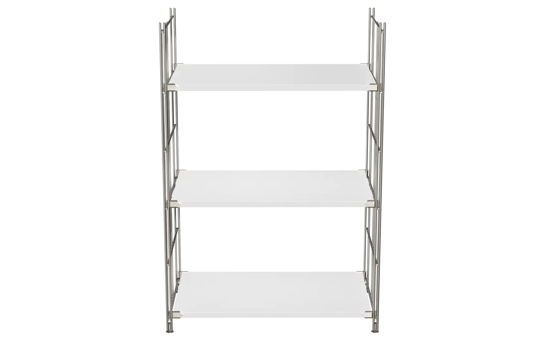 BIII Regal 98 x 65 x 38 cm mit 3 weißen Holzböden – Art.-Nr. 909302  Das großzügige BIII Regal mit den Maßen 98 cm Höhe, 65 cm Breite und 38 cm Tiefe besticht durch sein minimalistisches und funktionales Design. Ausgestattet mit drei weißen Holzböden bietet es viel praktischen Stauraum für Bücher, Deko oder Bürobedarf. Die Regalleitern aus verchromtem Stahl mit glänzender Oberfläche sorgen für Stabilität und verleihen dem Regal einen modernen Look.