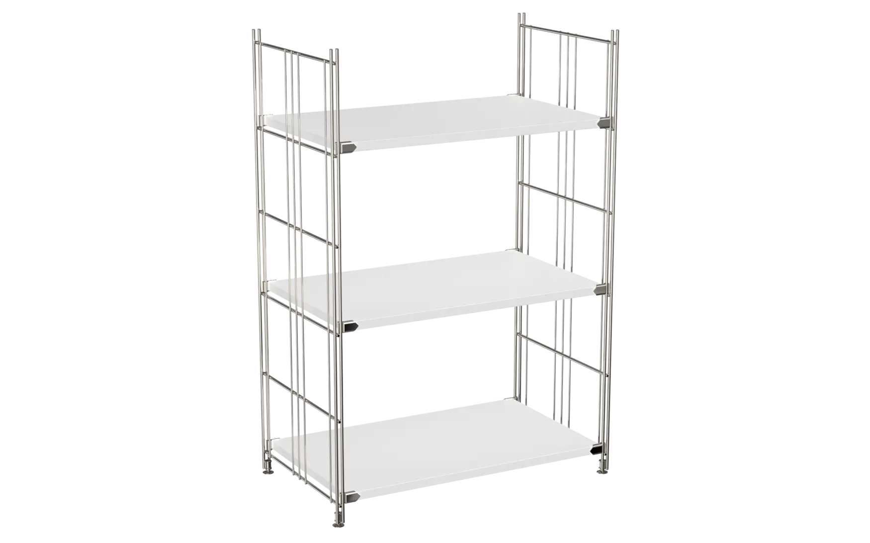 BIII Regal 98 x 65 x 38 cm mit 3 weißen Holzböden – Art.-Nr. 909302  Das großzügige BIII Regal mit den Maßen 98 cm Höhe, 65 cm Breite und 38 cm Tiefe besticht durch sein minimalistisches und funktionales Design. Ausgestattet mit drei weißen Holzböden bietet es viel praktischen Stauraum für Bücher, Deko oder Bürobedarf. Die Regalleitern aus verchromtem Stahl mit glänzender Oberfläche sorgen für Stabilität und verleihen dem Regal einen modernen Look.