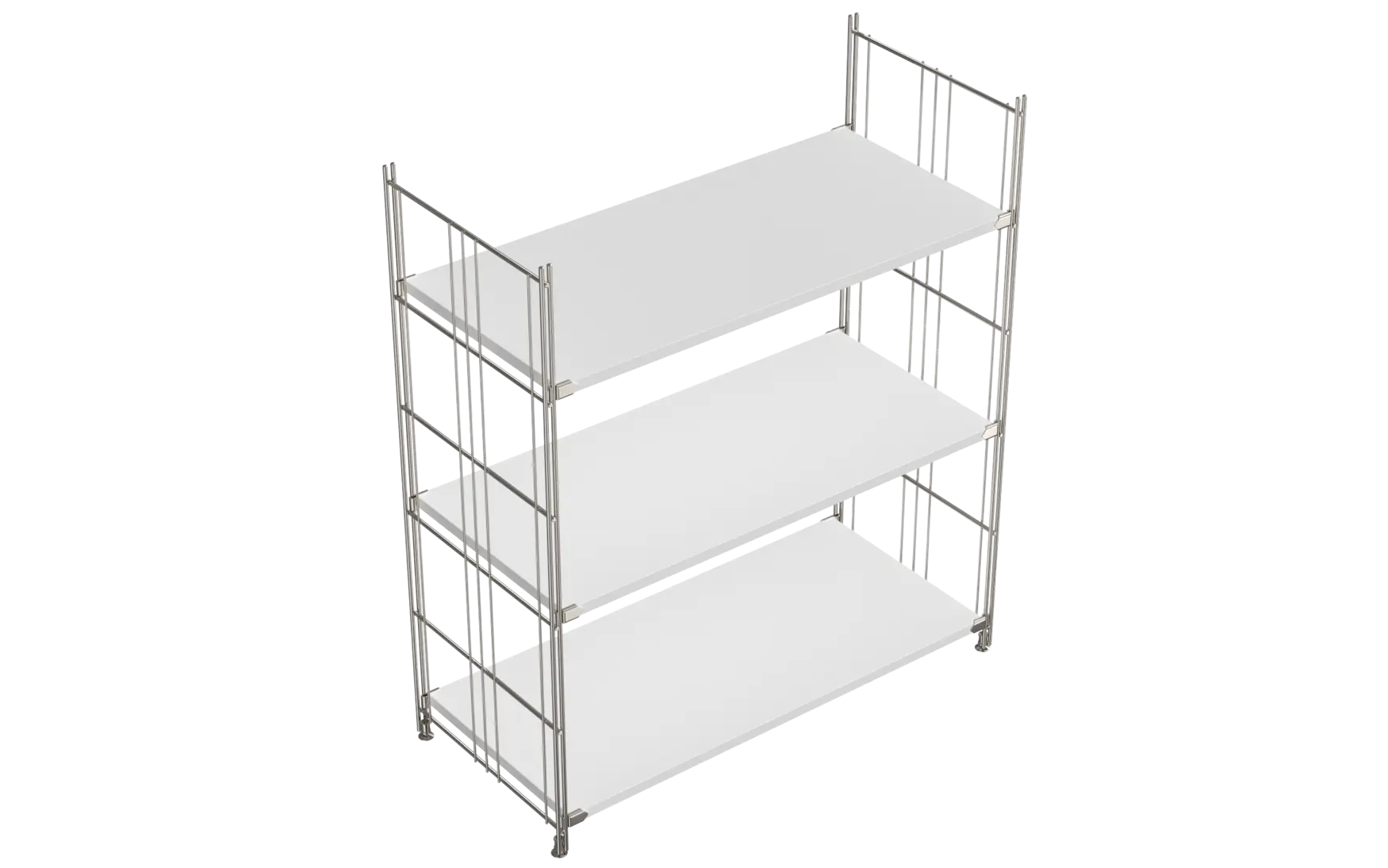 BIII Regal 98 x 85 x 38 cm mit 3 weißen Holzböden – Art.-Nr. 909303  Das geräumige BIII Regal mit den Maßen 98 cm Höhe, 85 cm Breite und 38 cm Tiefe besticht durch sein klares, funktionales Design. Ausgestattet mit drei weißen Holzböden bietet es großzügige Ablageflächen für Bücher, Dekoration oder Bürobedarf. Die seitlichen Regalleitern sind aus verchromtem Stahl mit glänzender Oberfläche gefertigt und verleihen dem Regal Stabilität sowie einen modernen, eleganten Look.