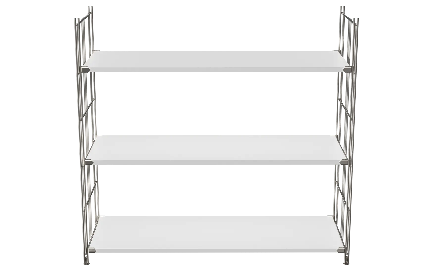 BIII Regal 98 x 104 x 38 cm mit 3 weißen Holzböden – Art.-Nr. 909304  Das großzügige BIII Regal mit den Maßen 98 cm Höhe, 104 cm Breite und 38 cm Tiefe besticht durch sein klares, funktionales Design. Ausgestattet mit drei weißen Holzböden bietet es viel Platz für Bücher, Dekoration oder Büroutensilien. Die seitlichen Regalleitern aus verchromtem Stahl mit glänzender Oberfläche verleihen dem Regal Stabilität und einen modernen, zeitlosen Look.