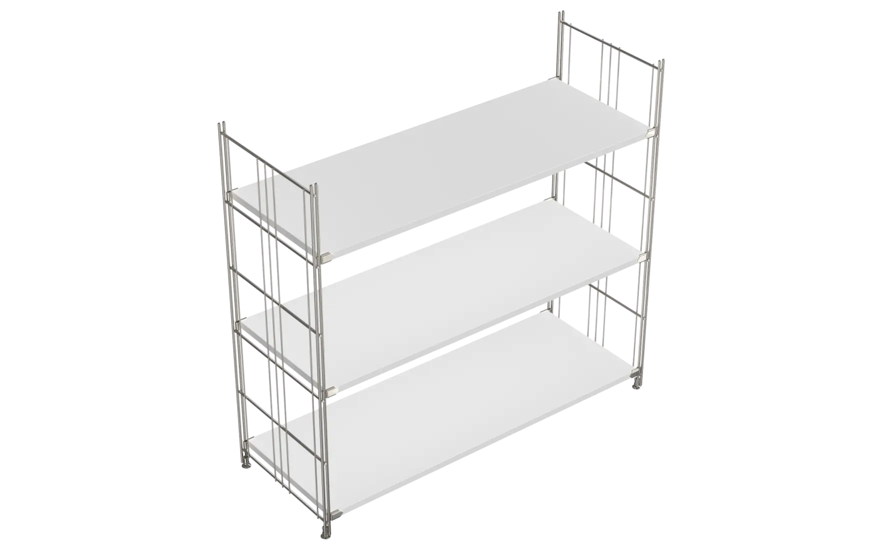 BIII Regal 98 x 104 x 38 cm mit 3 weißen Holzböden – Art.-Nr. 909304  Das großzügige BIII Regal mit den Maßen 98 cm Höhe, 104 cm Breite und 38 cm Tiefe besticht durch sein klares, funktionales Design. Ausgestattet mit drei weißen Holzböden bietet es viel Platz für Bücher, Dekoration oder Büroutensilien. Die seitlichen Regalleitern aus verchromtem Stahl mit glänzender Oberfläche verleihen dem Regal Stabilität und einen modernen, zeitlosen Look.