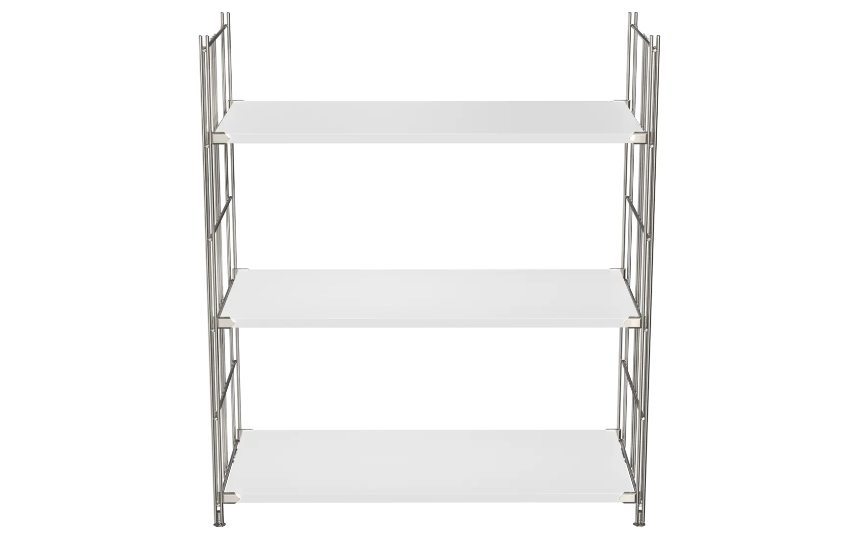 BIII Regal 98 x 85 x 38 cm mit 3 weißen Holzböden – Art.-Nr. 909303  Das geräumige BIII Regal mit den Maßen 98 cm Höhe, 85 cm Breite und 38 cm Tiefe besticht durch sein klares, funktionales Design. Ausgestattet mit drei weißen Holzböden bietet es großzügige Ablageflächen für Bücher, Dekoration oder Bürobedarf. Die seitlichen Regalleitern sind aus verchromtem Stahl mit glänzender Oberfläche gefertigt und verleihen dem Regal Stabilität sowie einen modernen, eleganten Look.