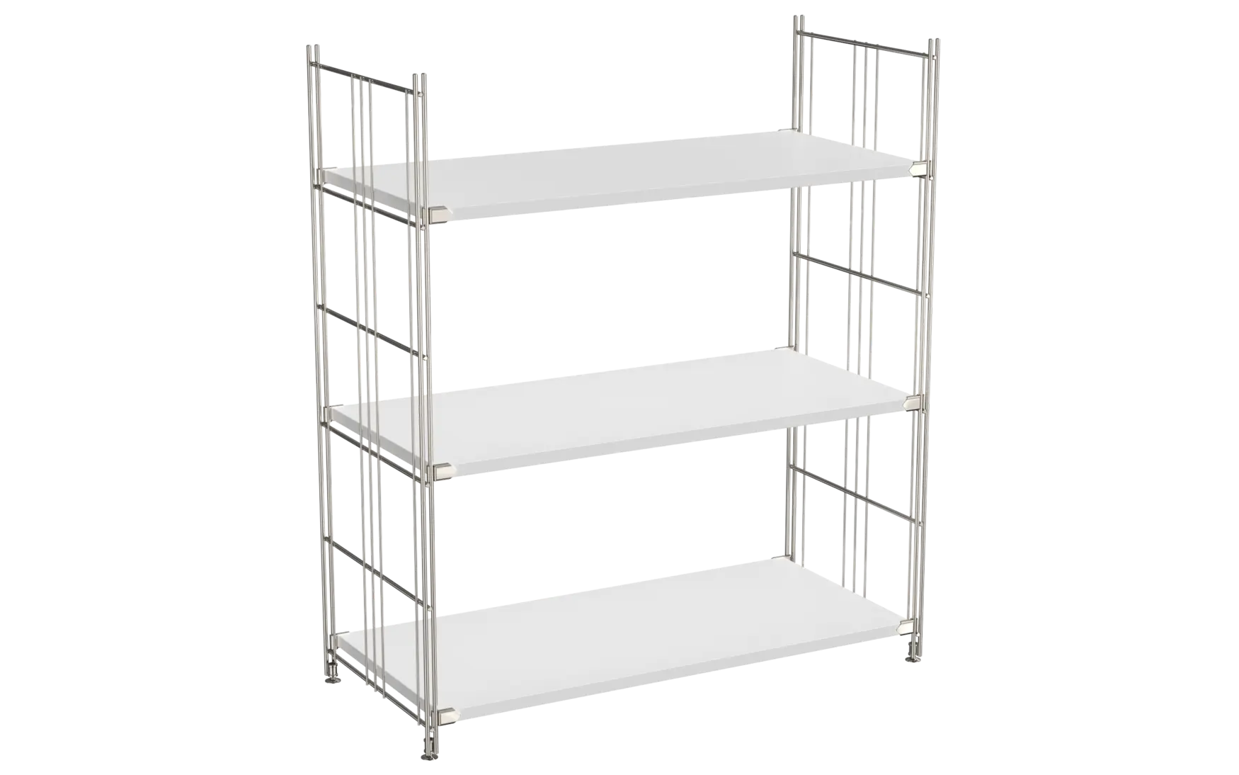 BIII Regal 98 x 85 x 38 cm mit 3 weißen Holzböden – Art.-Nr. 909303  Das geräumige BIII Regal mit den Maßen 98 cm Höhe, 85 cm Breite und 38 cm Tiefe besticht durch sein klares, funktionales Design. Ausgestattet mit drei weißen Holzböden bietet es großzügige Ablageflächen für Bücher, Dekoration oder Bürobedarf. Die seitlichen Regalleitern sind aus verchromtem Stahl mit glänzender Oberfläche gefertigt und verleihen dem Regal Stabilität sowie einen modernen, eleganten Look.