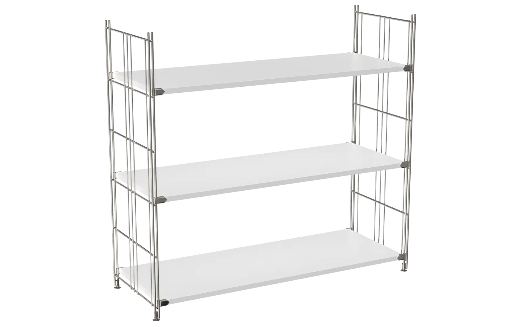 BIII Regal 98 x 104 x 38 cm mit 3 weißen Holzböden – Art.-Nr. 909304  Das großzügige BIII Regal mit den Maßen 98 cm Höhe, 104 cm Breite und 38 cm Tiefe besticht durch sein klares, funktionales Design. Ausgestattet mit drei weißen Holzböden bietet es viel Platz für Bücher, Dekoration oder Büroutensilien. Die seitlichen Regalleitern aus verchromtem Stahl mit glänzender Oberfläche verleihen dem Regal Stabilität und einen modernen, zeitlosen Look.