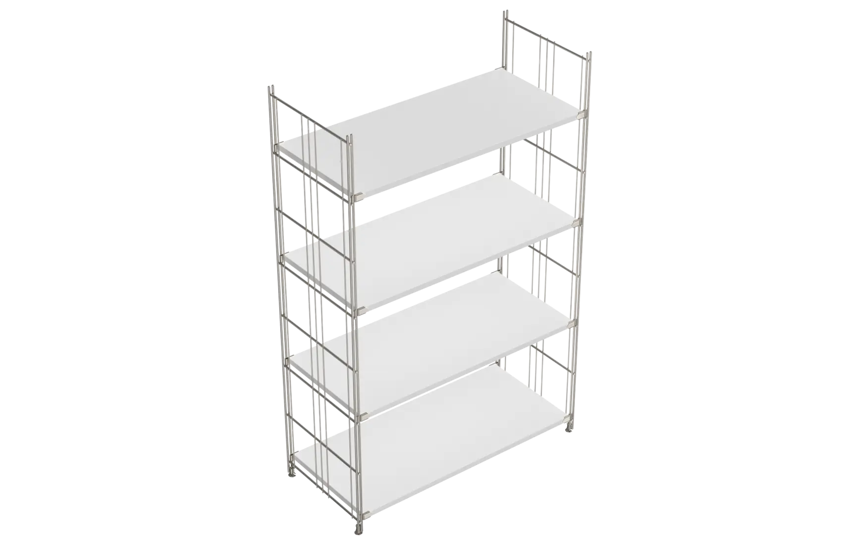 BIII Regal 135 x 85 x 38 cm mit 4 weißen Holzböden – Art.-Nr. 909503  Das großzügige BIII Regal mit den Maßen 135 cm Höhe, 85 cm Breite und 38 cm Tiefe besticht durch sein minimalistisches und zugleich funktionales Design. Ausgestattet mit vier weißen Holzböden bietet es viel Platz für Bücher, Deko oder Büroutensilien. Die seitlichen Regalleitern bestehen aus verchromtem Stahl mit glänzender Oberfläche, die für Stabilität und einen modernen Look sorgen.  Das offene Regal passt perfekt in Wohn- oder Arbeitsräume, in denen viel Stauraum bei klarem Design gefragt ist. Dank der hochwertigen Verarbeitung und des zeitlosen Stils ist das BIII Regal nicht nur praktisch, sondern auch ein echter Hingucker.