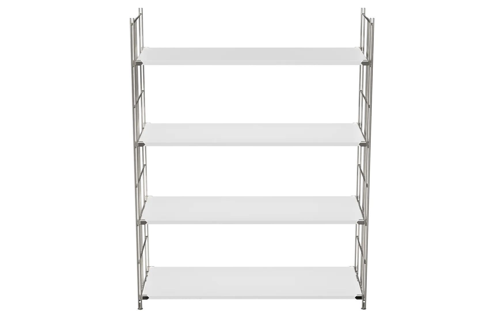 BIII Regal 135 x 104 x 38 cm mit 4 weißen Holzböden – Art.-Nr. 909504  Das großzügige BIII Regal mit den Maßen 135 cm Höhe, 104 cm Breite und 38 cm Tiefe besticht durch sein modernes und funktionales Design. Ausgestattet mit vier weißen Holzböden bietet es ausreichend Ablagefläche für Bücher, Dekorationen oder Bürobedarf. Die Regalleitern bestehen aus verchromtem Stahl mit glänzender Oberfläche und sorgen für eine stabile und hochwertige Optik.