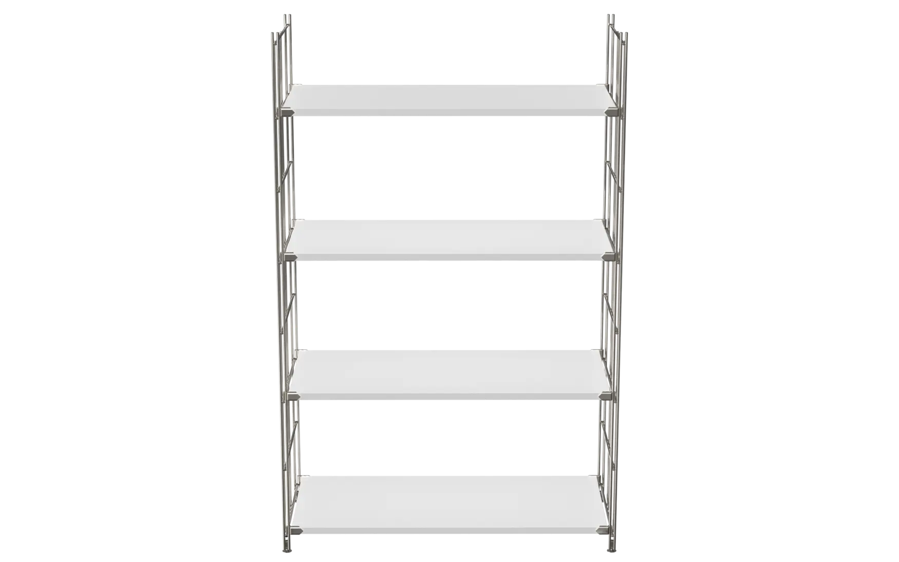 BIII Regal 135 x 85 x 38 cm mit 4 weißen Holzböden – Art.-Nr. 909503  Das großzügige BIII Regal mit den Maßen 135 cm Höhe, 85 cm Breite und 38 cm Tiefe besticht durch sein minimalistisches und zugleich funktionales Design. Ausgestattet mit vier weißen Holzböden bietet es viel Platz für Bücher, Deko oder Büroutensilien. Die seitlichen Regalleitern bestehen aus verchromtem Stahl mit glänzender Oberfläche, die für Stabilität und einen modernen Look sorgen.  Das offene Regal passt perfekt in Wohn- oder Arbeitsräume, in denen viel Stauraum bei klarem Design gefragt ist. Dank der hochwertigen Verarbeitung und des zeitlosen Stils ist das BIII Regal nicht nur praktisch, sondern auch ein echter Hingucker.