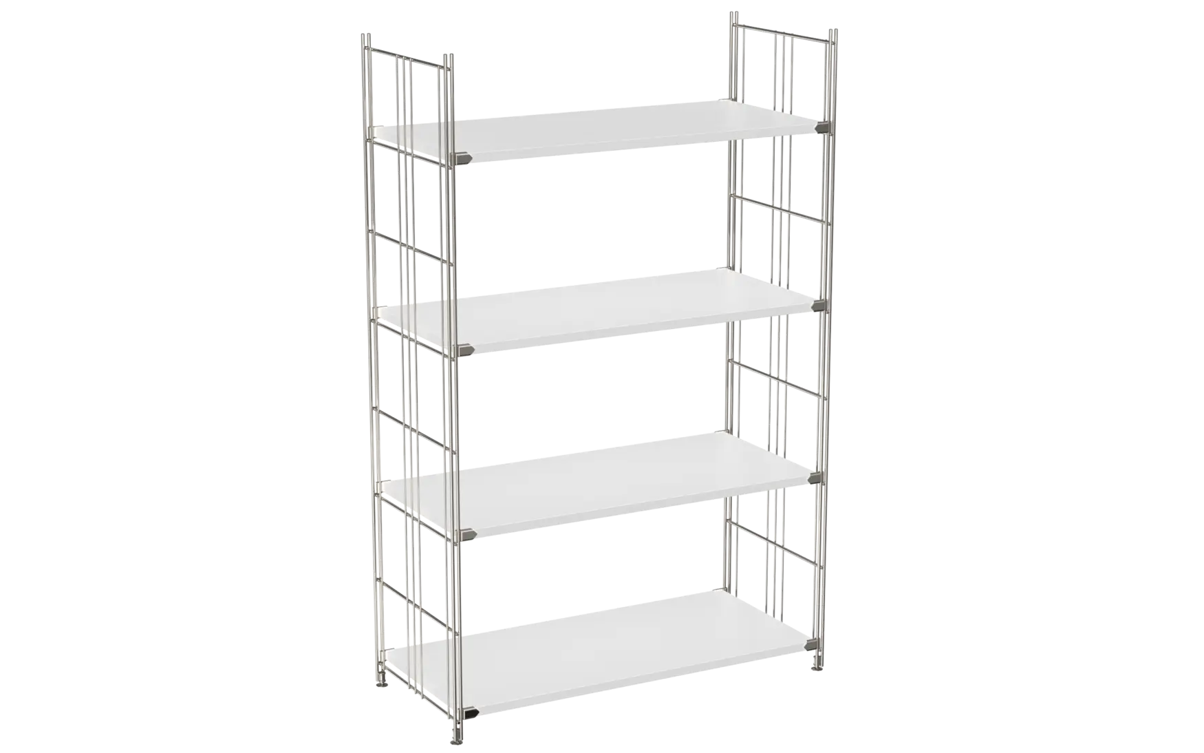 BIII Regal 135 x 85 x 38 cm mit 4 weißen Holzböden – Art.-Nr. 909503  Das großzügige BIII Regal mit den Maßen 135 cm Höhe, 85 cm Breite und 38 cm Tiefe besticht durch sein minimalistisches und zugleich funktionales Design. Ausgestattet mit vier weißen Holzböden bietet es viel Platz für Bücher, Deko oder Büroutensilien. Die seitlichen Regalleitern bestehen aus verchromtem Stahl mit glänzender Oberfläche, die für Stabilität und einen modernen Look sorgen.  Das offene Regal passt perfekt in Wohn- oder Arbeitsräume, in denen viel Stauraum bei klarem Design gefragt ist. Dank der hochwertigen Verarbeitung und des zeitlosen Stils ist das BIII Regal nicht nur praktisch, sondern auch ein echter Hingucker.