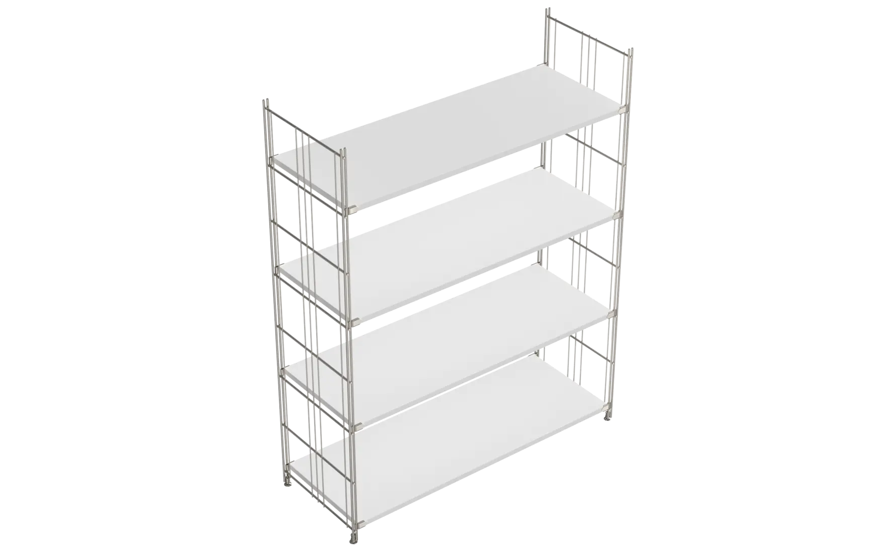 BIII Regal 135 x 104 x 38 cm mit 4 weißen Holzböden – Art.-Nr. 909504  Das großzügige BIII Regal mit den Maßen 135 cm Höhe, 104 cm Breite und 38 cm Tiefe besticht durch sein modernes und funktionales Design. Ausgestattet mit vier weißen Holzböden bietet es ausreichend Ablagefläche für Bücher, Dekorationen oder Bürobedarf. Die Regalleitern bestehen aus verchromtem Stahl mit glänzender Oberfläche und sorgen für eine stabile und hochwertige Optik.