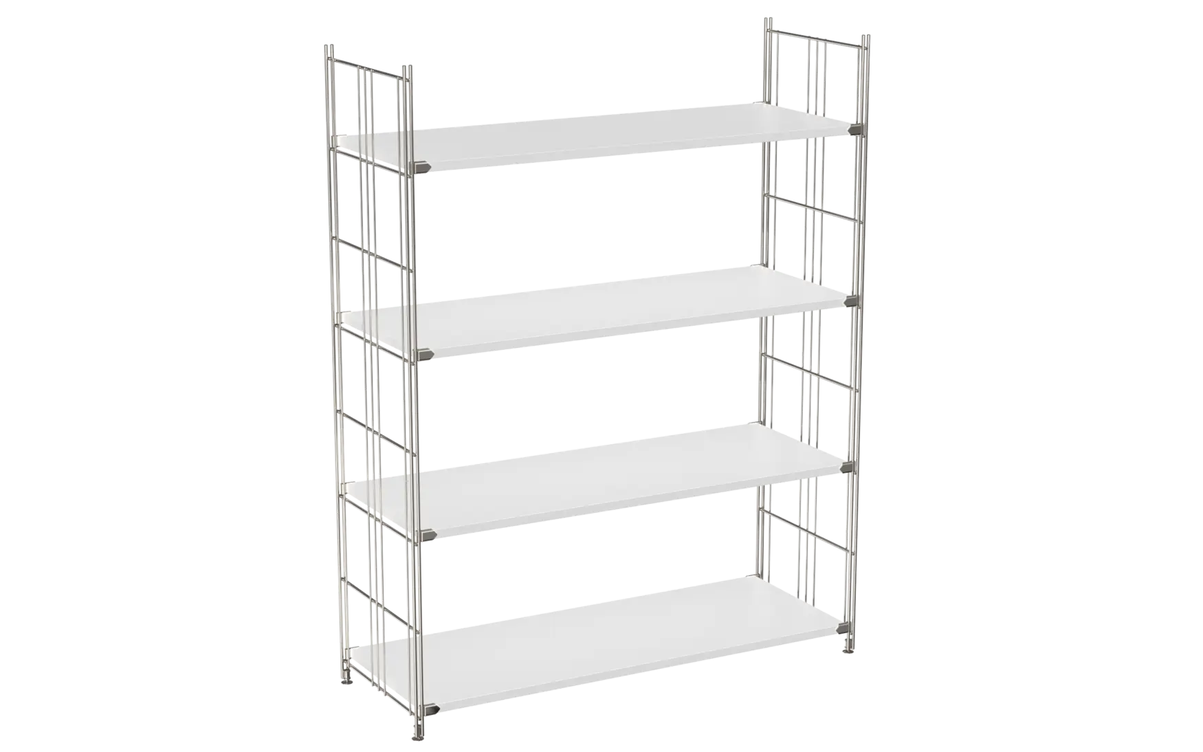 BIII Regal 135 x 104 x 38 cm mit 4 weißen Holzböden – Art.-Nr. 909504  Das großzügige BIII Regal mit den Maßen 135 cm Höhe, 104 cm Breite und 38 cm Tiefe besticht durch sein modernes und funktionales Design. Ausgestattet mit vier weißen Holzböden bietet es ausreichend Ablagefläche für Bücher, Dekorationen oder Bürobedarf. Die Regalleitern bestehen aus verchromtem Stahl mit glänzender Oberfläche und sorgen für eine stabile und hochwertige Optik.