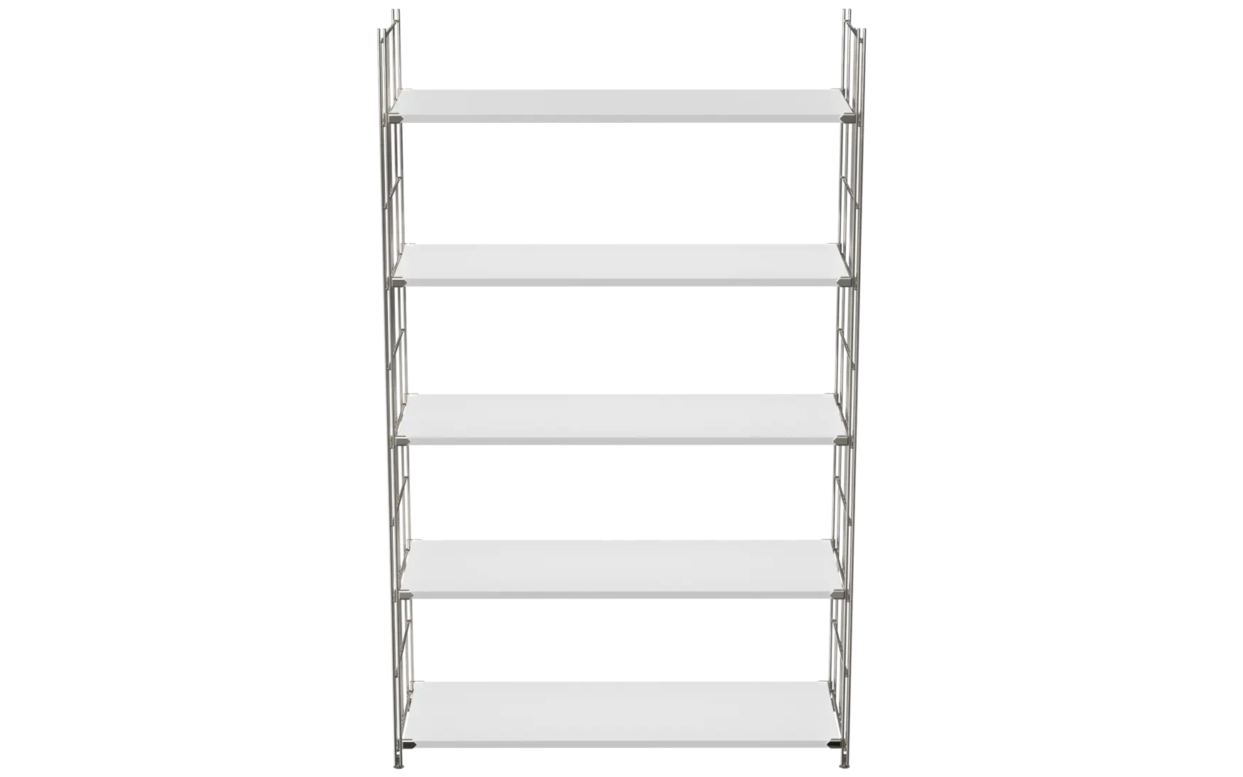 BIII Regal 172 x 104 x 38 cm mit 5 weißen Holzböden – Art.-Nr. 909704  Das großzügige BIII Regal mit den Maßen 172 cm Höhe, 104 cm Breite und 38 cm Tiefe besticht durch sein minimalistisches und funktionales Design. Ausgestattet mit fünf weißen Holzböden bietet es viel Platz für Bücher, Dekorationen oder Bürobedarf. Die Regalleitern bestehen aus verchromtem Stahl mit glänzender Oberfläche und sorgen für hohe Stabilität sowie einen modernen Look.