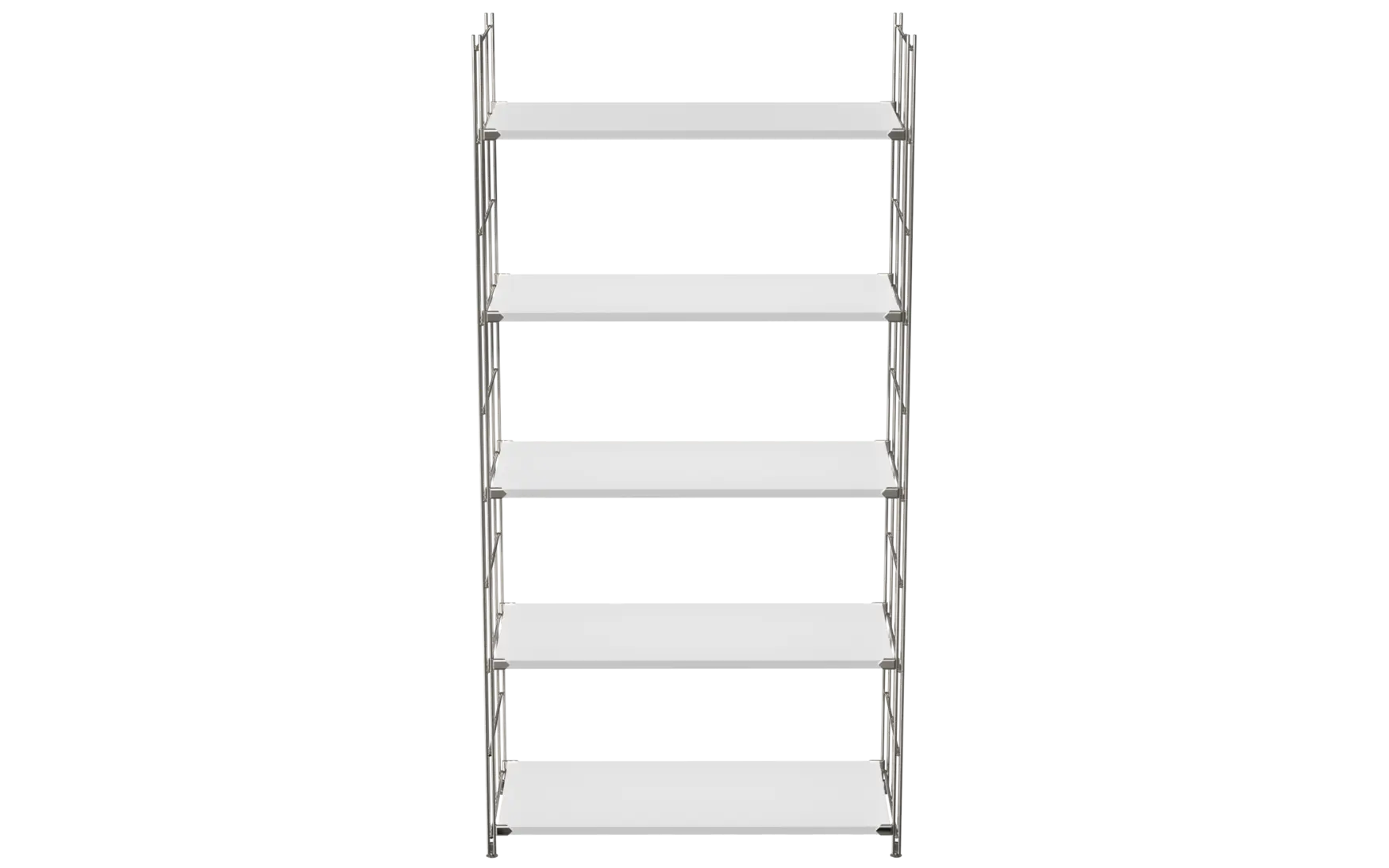 BIII Regal 172 x 85 x 38 cm mit 5 weißen Holzböden – Art.-Nr. 909703  Das großzügige BIII Regal mit den Maßen 172 cm Höhe, 85 cm Breite und 38 cm Tiefe besticht durch sein minimalistisches, funktionales Design und viel Stauraum. Ausgestattet mit fünf weißen Holzböden bietet es reichlich Ablageflächen für Bücher, Dekoration oder Bürobedarf. Die Regalleitern bestehen aus verchromtem Stahl mit glänzender Oberfläche, die für Stabilität und einen modernen Look sorgen.  Das offene Regal präsentiert sich als elegante und praktische Lösung für Wohnzimmer, Arbeitszimmer oder Flur. Dank der hochwertigen Verarbeitung und dem zeitlosen Design fügt es sich mühelos in verschiedenste Einrichtungsstile ein.