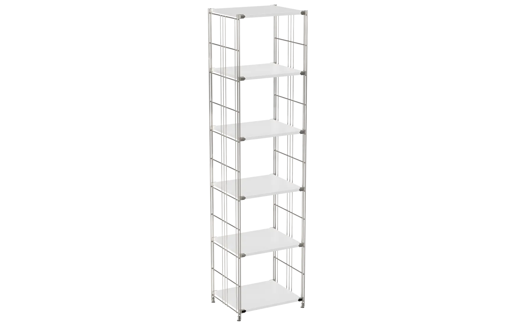 BIII Regal 190 x 46 x 38 cm mit 6 weißen Holzböden – Art.-Nr. 909801 Das hohe BIII Regal mit den Maßen 190 cm Höhe, 46 cm Breite und 38 cm Tiefe besticht durch sein minimalistisches und zugleich praktisches Design. Ausgestattet mit sechs weißen Holzböden bietet es großzügigen Stauraum für Bücher, Dekoration oder Bürobedarf. Die Regalleitern sind aus verchromtem Stahl mit glänzender Oberfläche gefertigt, was für Stabilität sorgt und dem Regal einen modernen, zeitlosen Look verleiht.  Ideal geeignet für Wohnzimmer, Arbeitszimmer oder Flur, verbindet das Regal Funktionalität mit stilvollem Design. Dank der offenen Bauweise wirkt das Möbelstück leicht und elegant, während die verchromten Leitern dem Raum einen industriellen Akzent setzen.