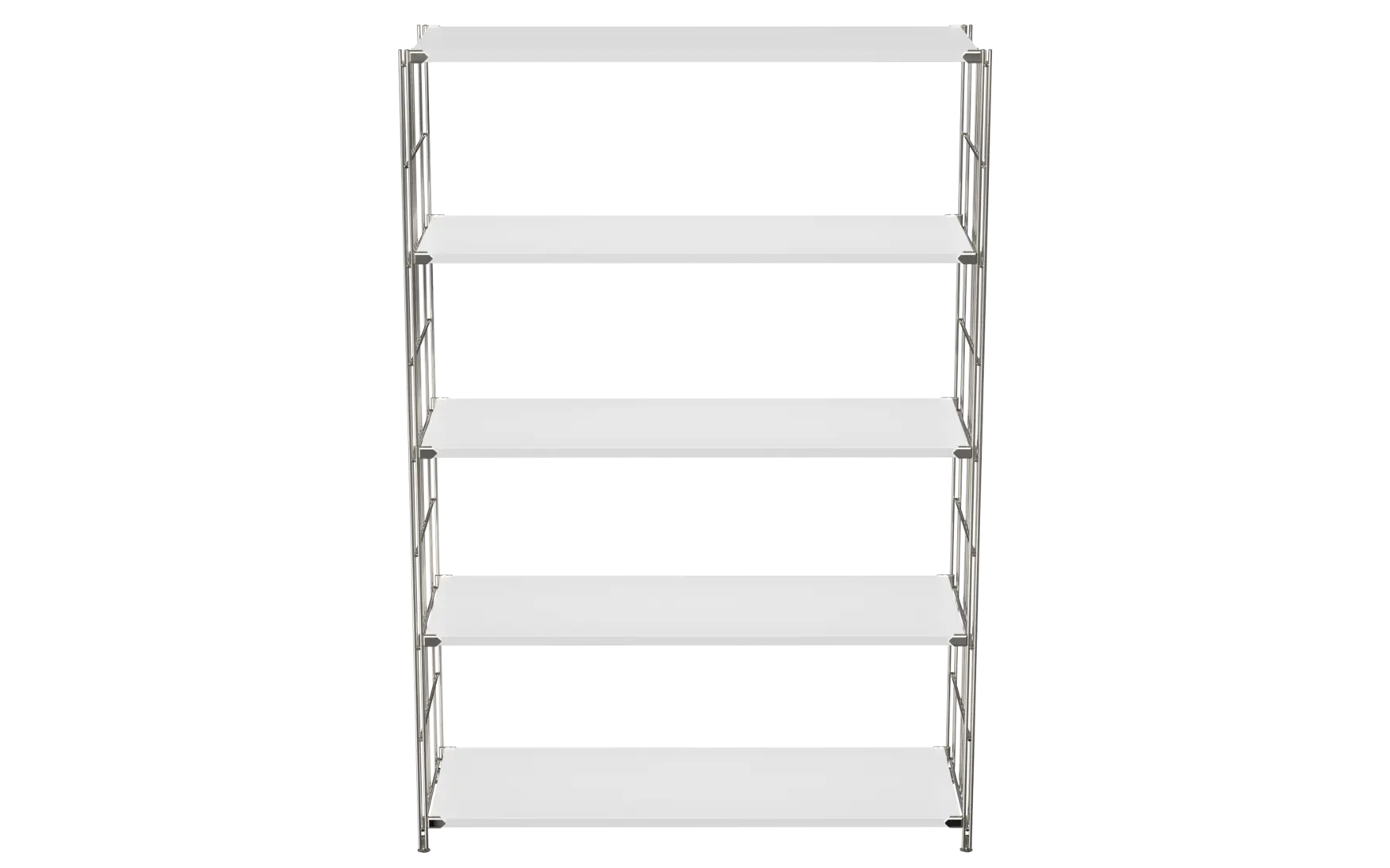 BIII Regal 154 x 104 x 38 cm mit 5 weißen Holzböden – Art.-Nr. 909604 Das großzügige BIII Regal mit den Maßen 154 cm Höhe, 104 cm Breite und 38 cm Tiefe besticht durch sein klares, minimalistisches Design und hohe Funktionalität. Ausgestattet mit fünf weißen Holzböden bietet es viel Platz für Bücher, Dekorationen oder Büroaccessoires. Die seitlichen Regalleitern bestehen aus verchromtem Stahl mit glänzender Oberfläche und verleihen dem Regal Stabilität sowie einen modernen, eleganten Look.