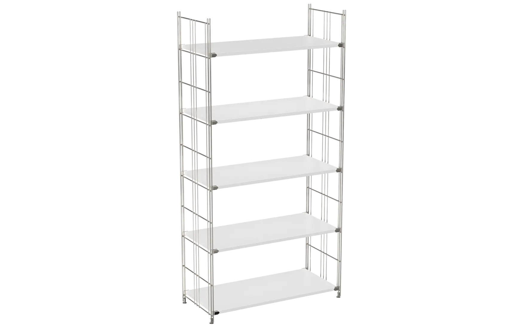 BIII Regal 172 x 85 x 38 cm mit 5 weißen Holzböden – Art.-Nr. 909703  Das großzügige BIII Regal mit den Maßen 172 cm Höhe, 85 cm Breite und 38 cm Tiefe besticht durch sein minimalistisches, funktionales Design und viel Stauraum. Ausgestattet mit fünf weißen Holzböden bietet es reichlich Ablageflächen für Bücher, Dekoration oder Bürobedarf. Die Regalleitern bestehen aus verchromtem Stahl mit glänzender Oberfläche, die für Stabilität und einen modernen Look sorgen.  Das offene Regal präsentiert sich als elegante und praktische Lösung für Wohnzimmer, Arbeitszimmer oder Flur. Dank der hochwertigen Verarbeitung und dem zeitlosen Design fügt es sich mühelos in verschiedenste Einrichtungsstile ein.