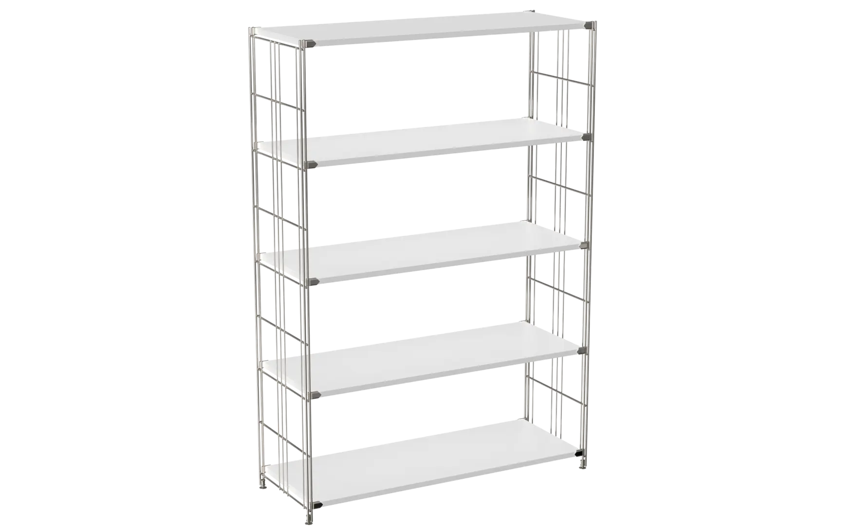 BIII Regal 154 x 104 x 38 cm mit 5 weißen Holzböden – Art.-Nr. 909604 Das großzügige BIII Regal mit den Maßen 154 cm Höhe, 104 cm Breite und 38 cm Tiefe besticht durch sein klares, minimalistisches Design und hohe Funktionalität. Ausgestattet mit fünf weißen Holzböden bietet es viel Platz für Bücher, Dekorationen oder Büroaccessoires. Die seitlichen Regalleitern bestehen aus verchromtem Stahl mit glänzender Oberfläche und verleihen dem Regal Stabilität sowie einen modernen, eleganten Look.