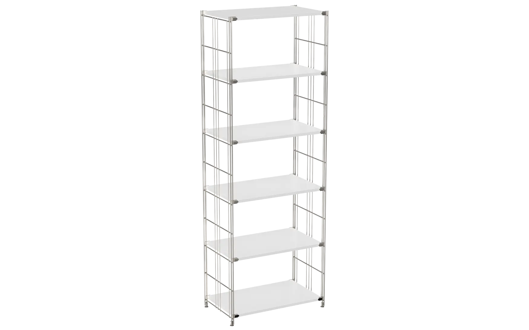 BIII Regal 190 x 65 x 38 cm mit 6 weißen Holzböden – Art.-Nr. 909802  Das hohe BIII Regal mit den Maßen 190 cm Höhe, 65 cm Breite und 38 cm Tiefe besticht durch sein minimalistisches und zugleich sehr funktionales Design. Ausgestattet mit sechs weißen Holzböden bietet es großzügige Ablageflächen für Bücher, Dekoration, Ordner oder Bürobedarf. Die seitlichen Regalleitern bestehen aus verchromtem Stahl mit glänzender Oberfläche und sorgen für eine stabile und zugleich elegante Konstruktion.