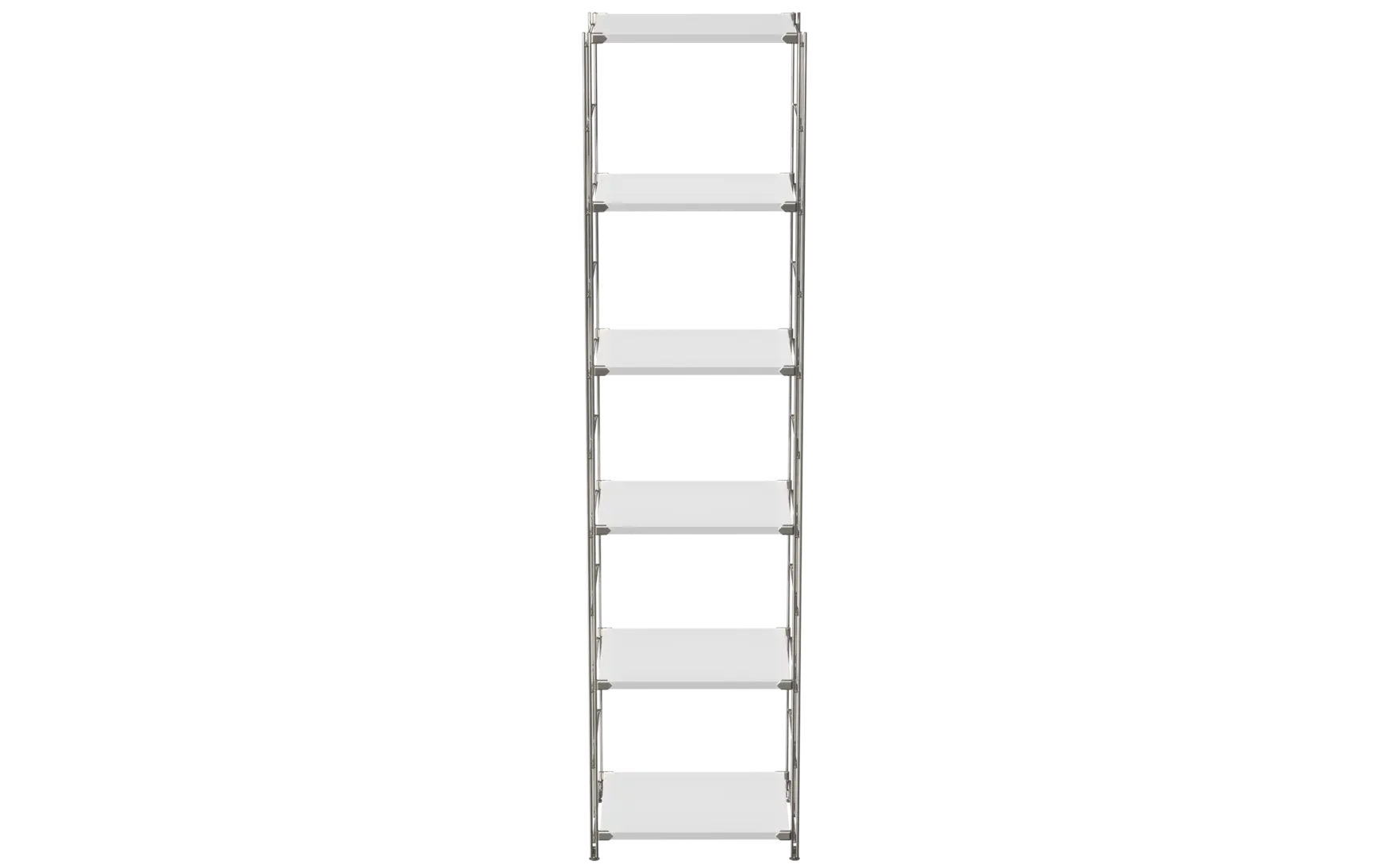 BIII Regal 190 x 46 x 38 cm mit 6 weißen Holzböden – Art.-Nr. 909801 Das hohe BIII Regal mit den Maßen 190 cm Höhe, 46 cm Breite und 38 cm Tiefe besticht durch sein minimalistisches und zugleich praktisches Design. Ausgestattet mit sechs weißen Holzböden bietet es großzügigen Stauraum für Bücher, Dekoration oder Bürobedarf. Die Regalleitern sind aus verchromtem Stahl mit glänzender Oberfläche gefertigt, was für Stabilität sorgt und dem Regal einen modernen, zeitlosen Look verleiht.  Ideal geeignet für Wohnzimmer, Arbeitszimmer oder Flur, verbindet das Regal Funktionalität mit stilvollem Design. Dank der offenen Bauweise wirkt das Möbelstück leicht und elegant, während die verchromten Leitern dem Raum einen industriellen Akzent setzen.
