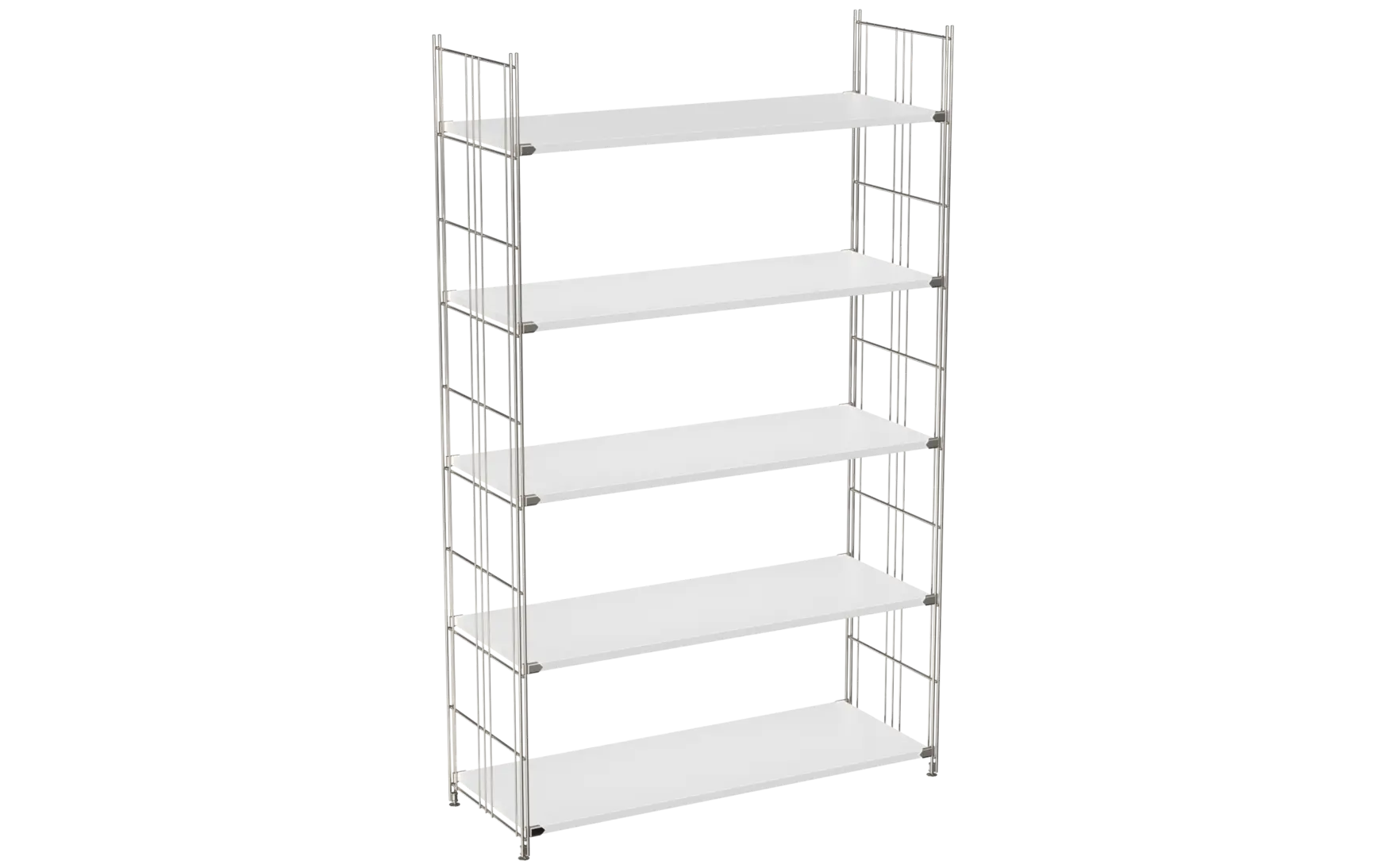 BIII Regal 172 x 104 x 38 cm mit 5 weißen Holzböden – Art.-Nr. 909704  Das großzügige BIII Regal mit den Maßen 172 cm Höhe, 104 cm Breite und 38 cm Tiefe besticht durch sein minimalistisches und funktionales Design. Ausgestattet mit fünf weißen Holzböden bietet es viel Platz für Bücher, Dekorationen oder Bürobedarf. Die Regalleitern bestehen aus verchromtem Stahl mit glänzender Oberfläche und sorgen für hohe Stabilität sowie einen modernen Look.