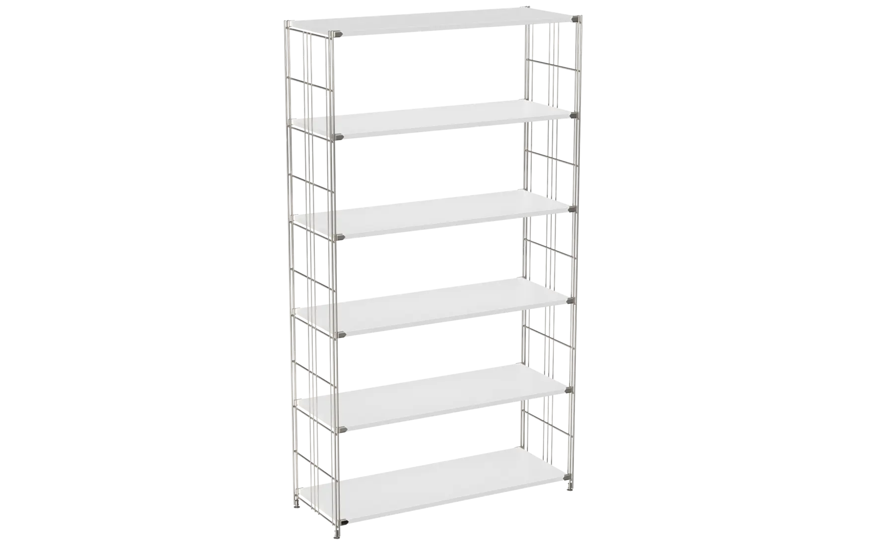 BIII Regal 190 x 104 x 38 cm mit 6 weißen Holzböden – Art.-Nr. 909804 Das großzügige BIII Regal mit den Maßen 190 cm Höhe, 104 cm Breite und 38 cm Tiefe besticht durch sein minimalistisches und funktionales Design. Mit sechs weißen Holzböden bietet es reichlich Platz für Bücher, Dekoration oder Ordnung im Büro. Die seitlichen Regalleitern sind aus verchromtem Stahl mit glänzender Oberfläche gefertigt und garantieren eine stabile Konstruktion sowie einen modernen, eleganten Look.  Dank seiner Größe und der klaren Linienführung fügt sich das Regal sowohl in Wohnräume als auch in Arbeitsbereiche harmonisch ein und schafft auf praktische Weise zusätzlichen Stauraum.
