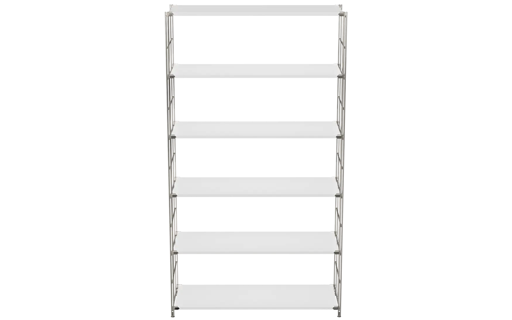 BIII Regal 190 x 104 x 38 cm mit 6 weißen Holzböden – Art.-Nr. 909804 Das großzügige BIII Regal mit den Maßen 190 cm Höhe, 104 cm Breite und 38 cm Tiefe besticht durch sein minimalistisches und funktionales Design. Mit sechs weißen Holzböden bietet es reichlich Platz für Bücher, Dekoration oder Ordnung im Büro. Die seitlichen Regalleitern sind aus verchromtem Stahl mit glänzender Oberfläche gefertigt und garantieren eine stabile Konstruktion sowie einen modernen, eleganten Look.  Dank seiner Größe und der klaren Linienführung fügt sich das Regal sowohl in Wohnräume als auch in Arbeitsbereiche harmonisch ein und schafft auf praktische Weise zusätzlichen Stauraum.