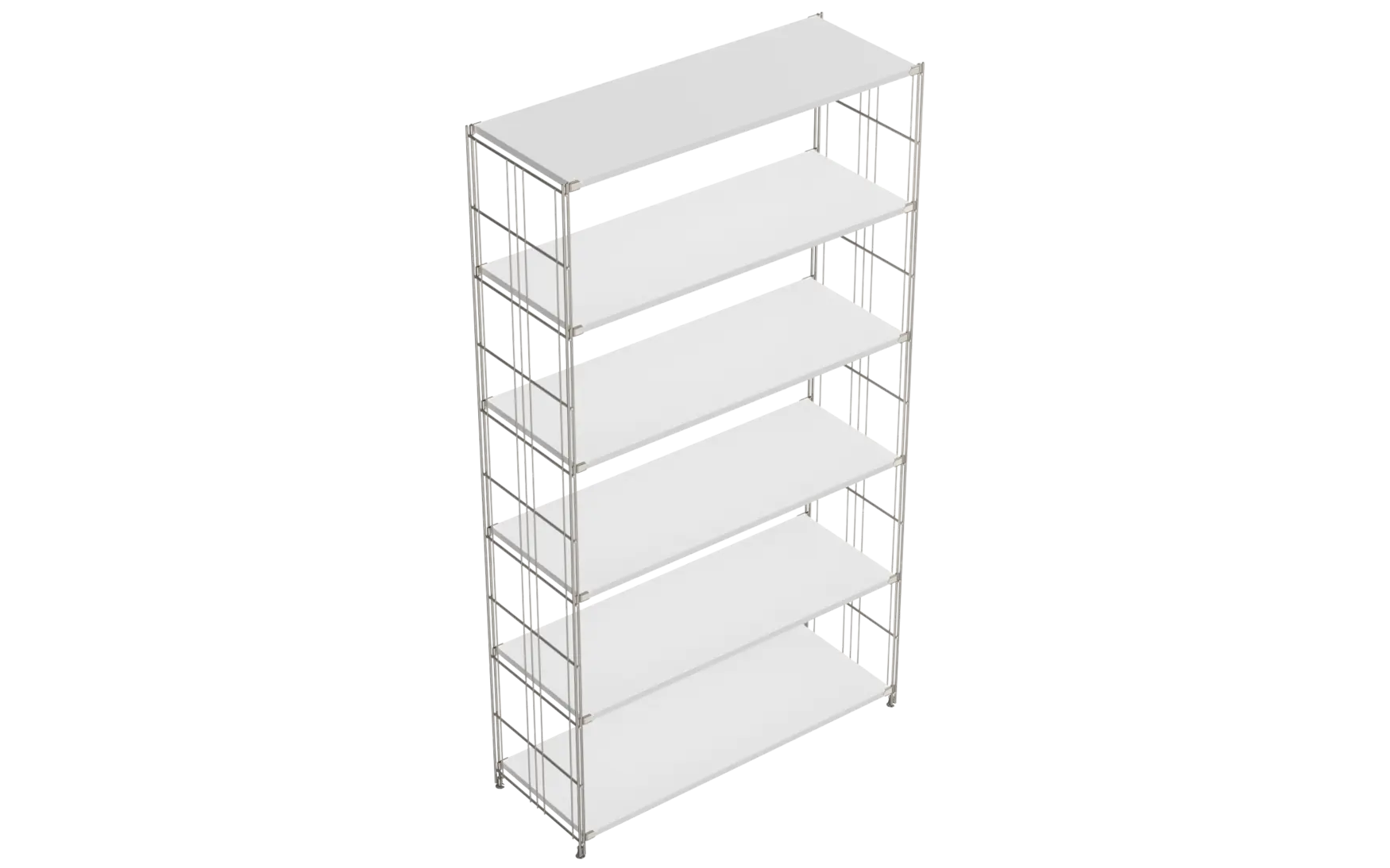 BIII Regal 190 x 104 x 38 cm mit 6 weißen Holzböden – Art.-Nr. 909804 Das großzügige BIII Regal mit den Maßen 190 cm Höhe, 104 cm Breite und 38 cm Tiefe besticht durch sein minimalistisches und funktionales Design. Mit sechs weißen Holzböden bietet es reichlich Platz für Bücher, Dekoration oder Ordnung im Büro. Die seitlichen Regalleitern sind aus verchromtem Stahl mit glänzender Oberfläche gefertigt und garantieren eine stabile Konstruktion sowie einen modernen, eleganten Look.  Dank seiner Größe und der klaren Linienführung fügt sich das Regal sowohl in Wohnräume als auch in Arbeitsbereiche harmonisch ein und schafft auf praktische Weise zusätzlichen Stauraum.