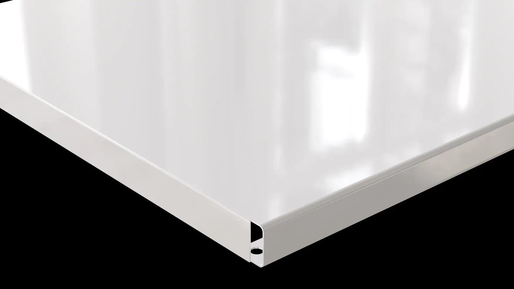 Detailansicht: Weißer Blechboden mit Halterungen Feine Verarbeitung und pulverbeschichtete Oberfläche in Weiß sorgen für langlebige Stabilität und ein modernes Design. Ideal als praktische Ablage im BIII Regalsystem.