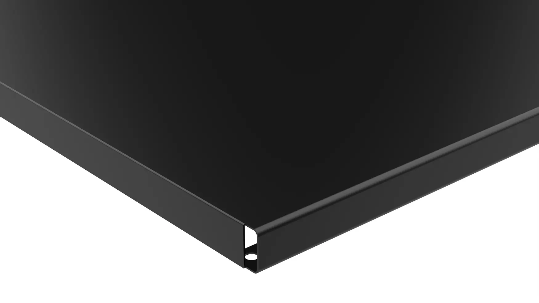 Detailansicht: Schwarzer Blechboden mit Halterungen Hochwertige Verarbeitung in mattem Schwarz – der pulverbeschichtete Blechboden überzeugt durch klare Kanten, robuste Oberfläche und ein modernes, industrielles Finish. Perfekt abgestimmt auf das BIII Regalsystem.