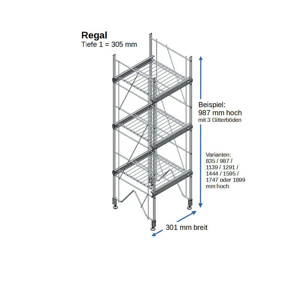 700078 ETAGAIR Regal mit 3 Gitterböden, 987x301x305 mm, mit integrierten Halterungen