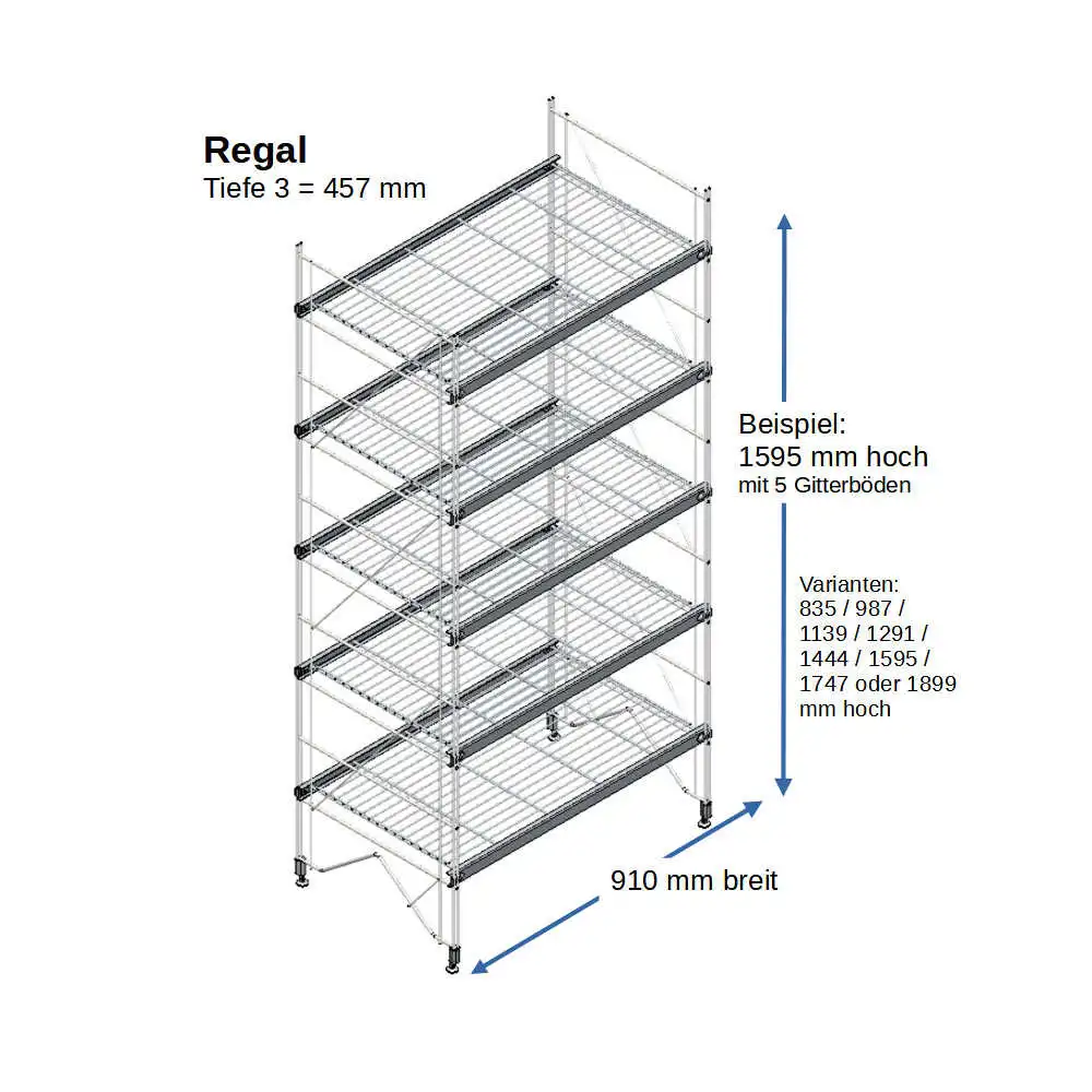 ETAGAIR Regalset in Tiefe 4, 1595x457x910 mm mit 5 Böden, Metall verchromt, made in Germany