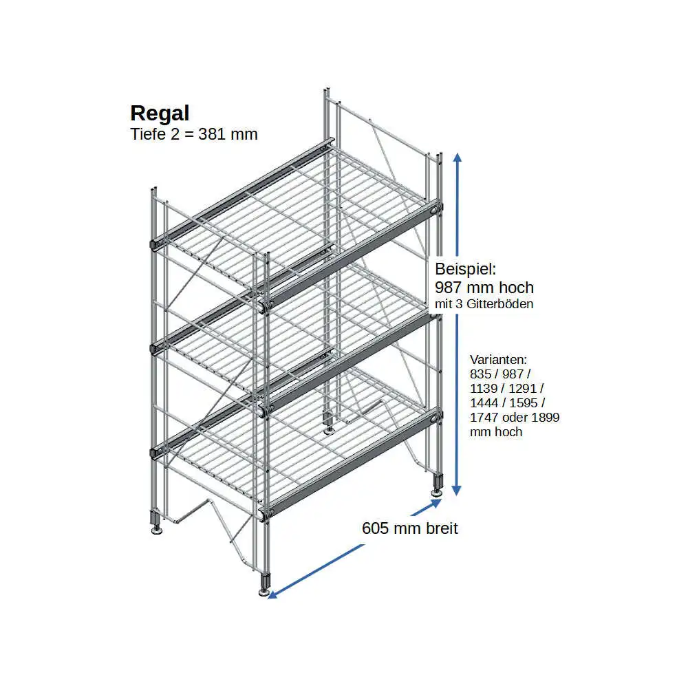 700010 Etagair Regal Metall  3 Gitterböden 987x605x381 mm in zahlreichen Höhen und Breiten erhältlich