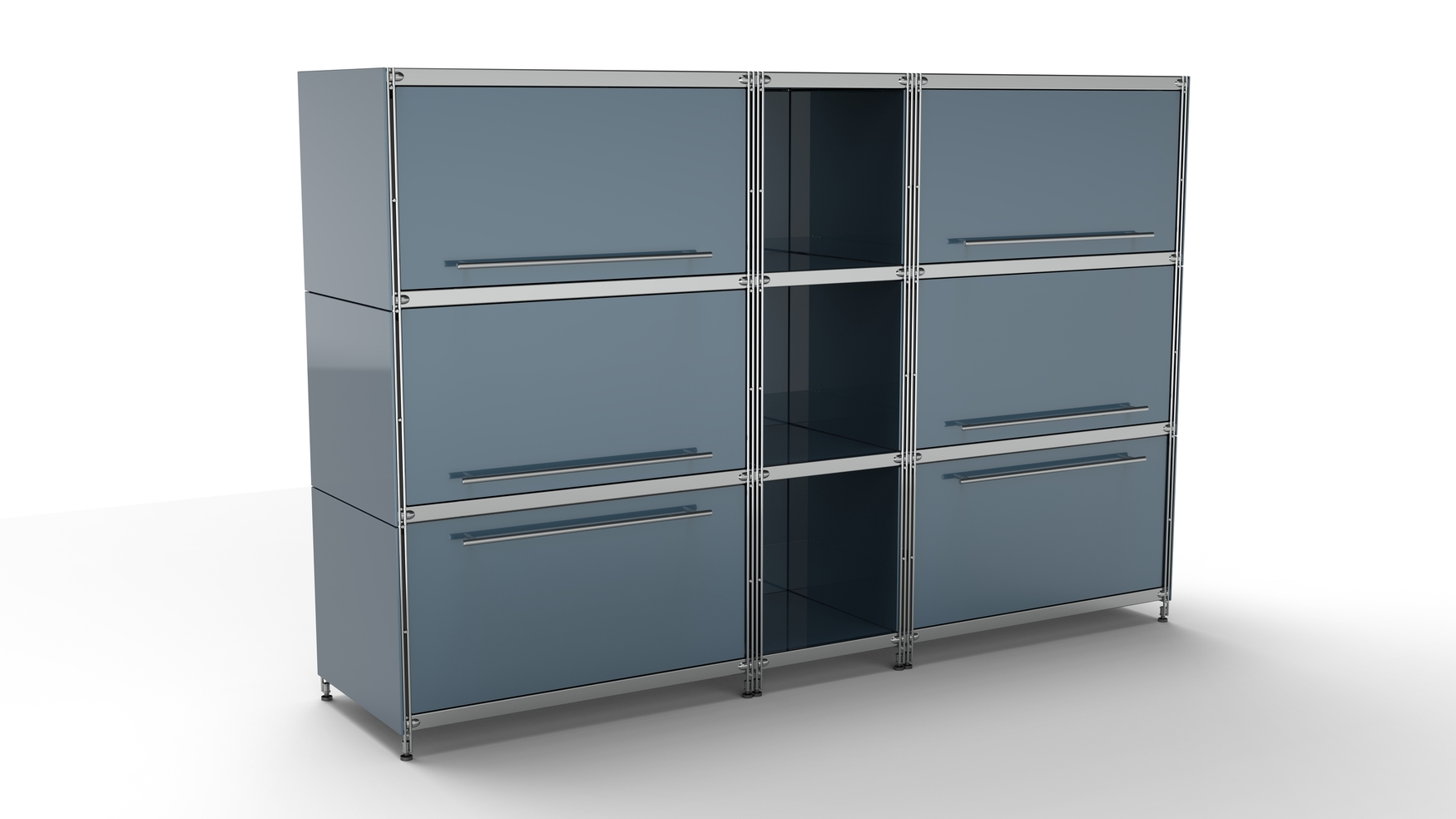 BALTON KUBUS Highboard Metall anthrazit mit 4 Klappen + 3 offenen Fächern + 2 großen Schubfächern 196 cm breit 130 cm hoch
