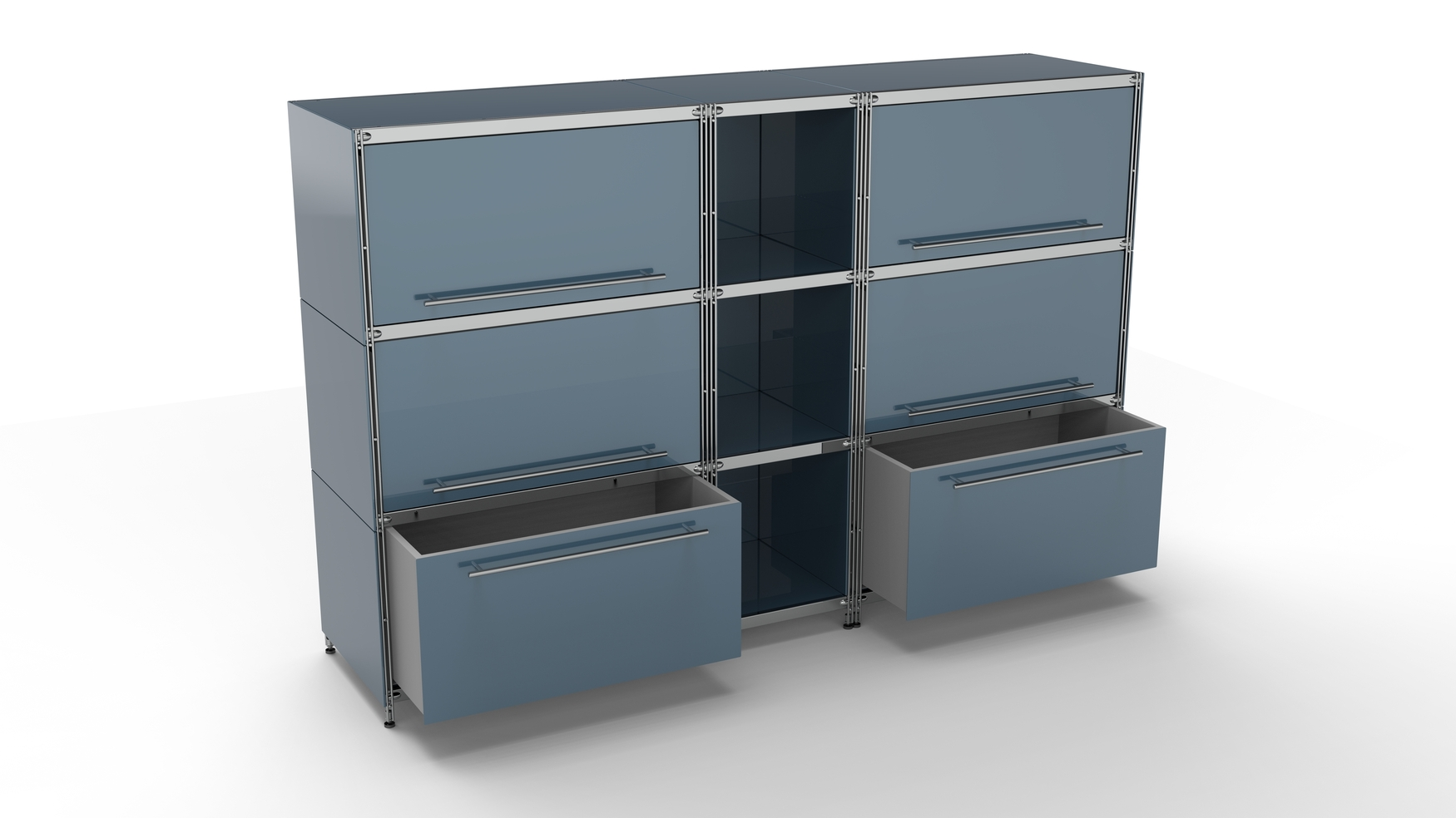 Balton KUBUS Highboard Metall anthrazit mit 4 Einzugs-Klappen Öffnung nach oben + 3 offenen Fächern + 2 großen Schubfächern 196 cm breit 130 cm hoch