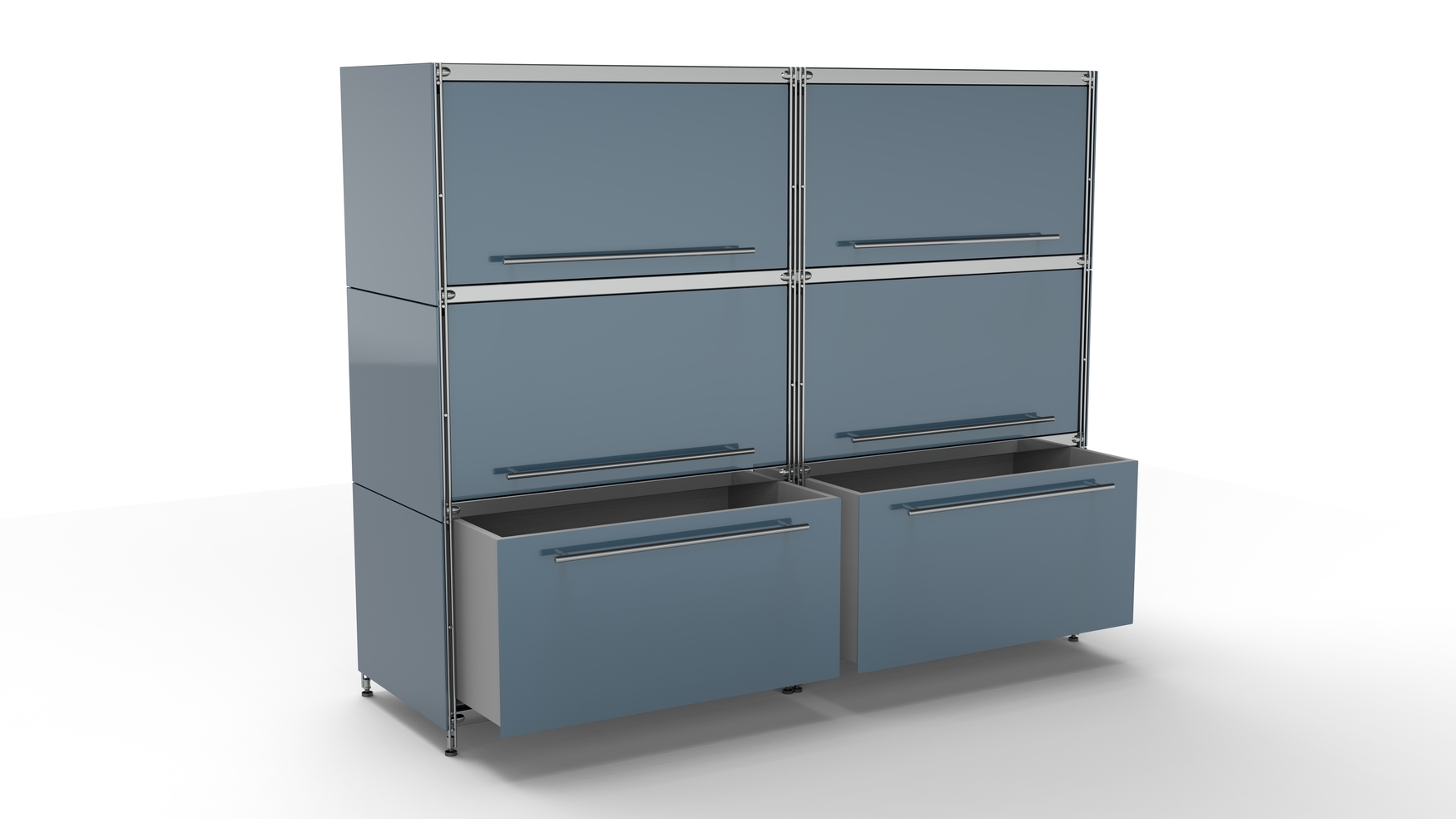 KUBUS Highboard Metall anthrazit pulverbeschichtet mit 4 Klappen + 2 Schubladen offen groß 160 cm breit