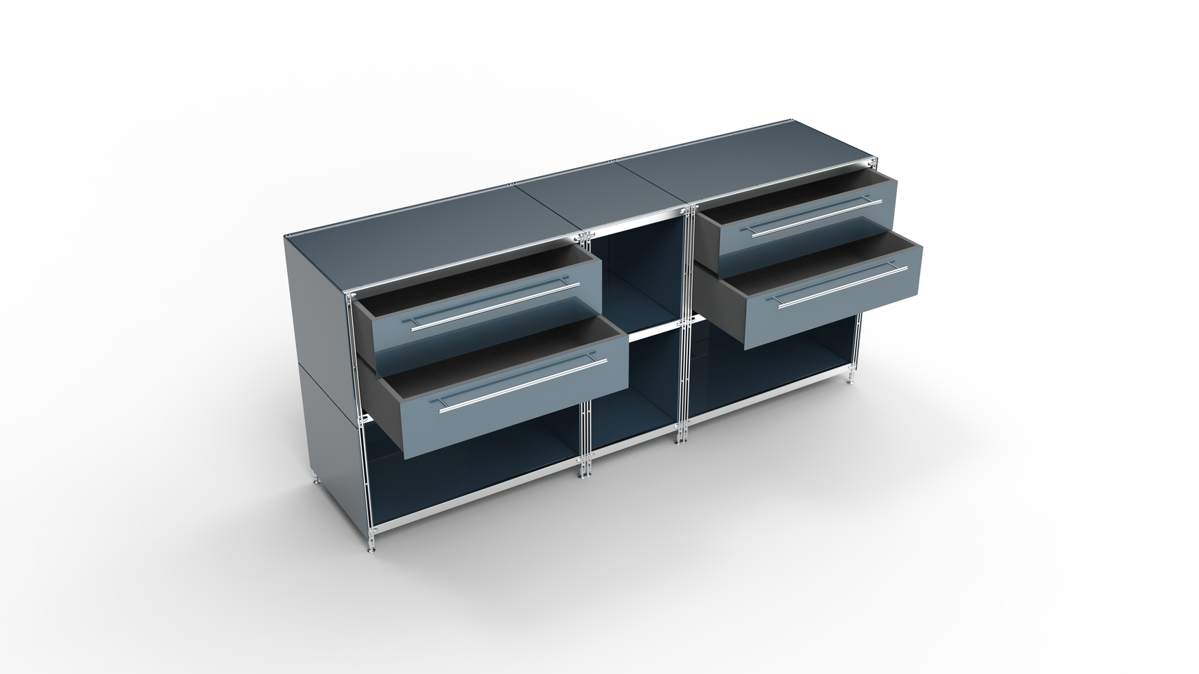 KUBUS Sideboard Metall anthrazit pulverbeschichtet mit 2 Doppel-Schubladen + 4 Fächern offen 196 cm breit