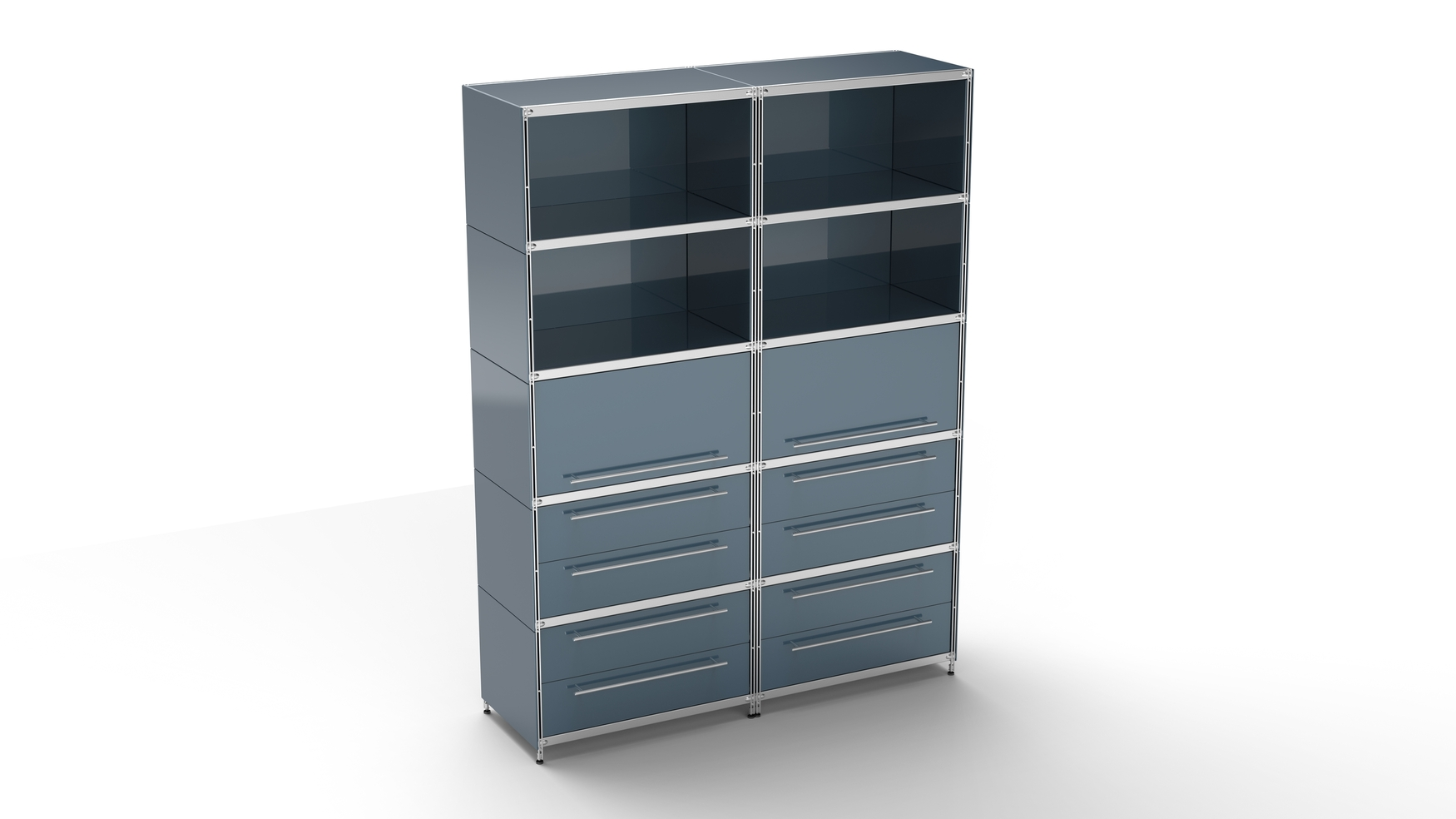KUBUS Highboard Metall anthrazit mit 4 offenen Fächern + 2 Klappen + 4 Doppel-Schubladen 160 cm breit seitlich 210 ch hoch