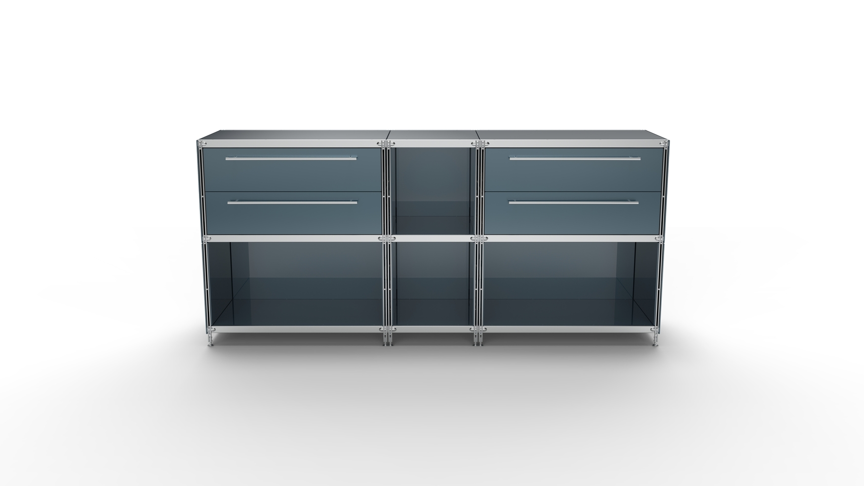 KUBUS Sideboard Metall anthrazit pulverbeschichtet mit 2 Doppel-Schubladen + 4 Fächern offen 196 cm breit