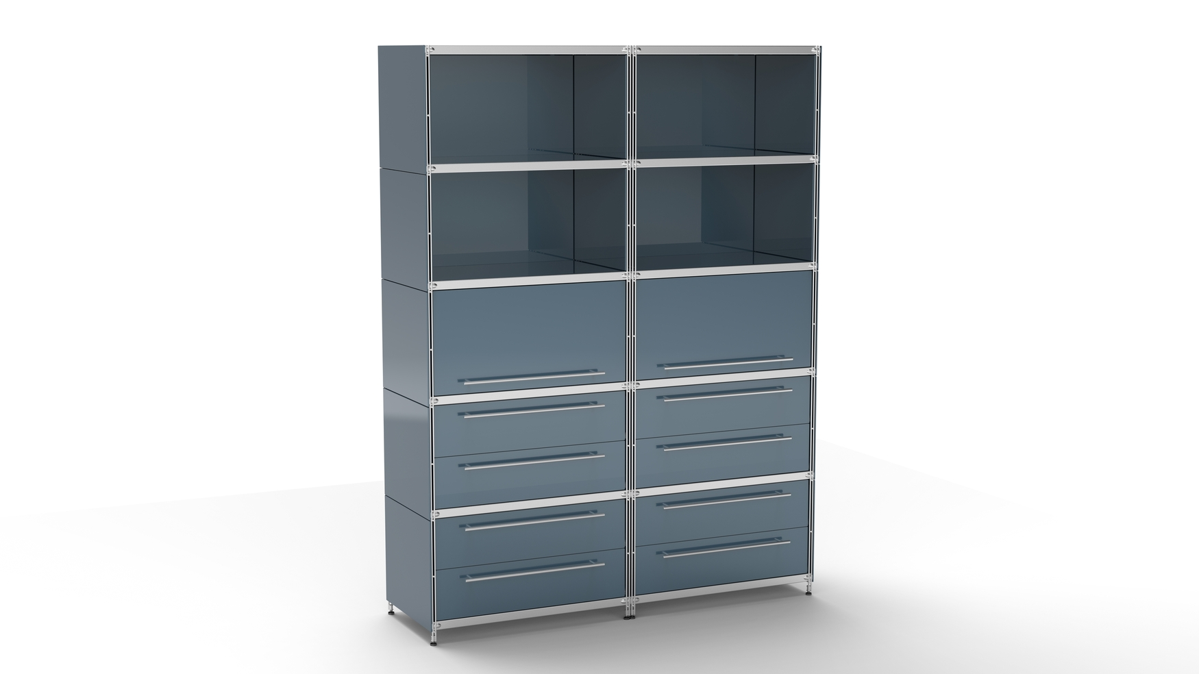 KUBUS Highboard Metall anthrazit mit 4 offenen Fächern + 2 Klappen + 4 Doppel-Schubladen 160 cm breit 210 cm hoch