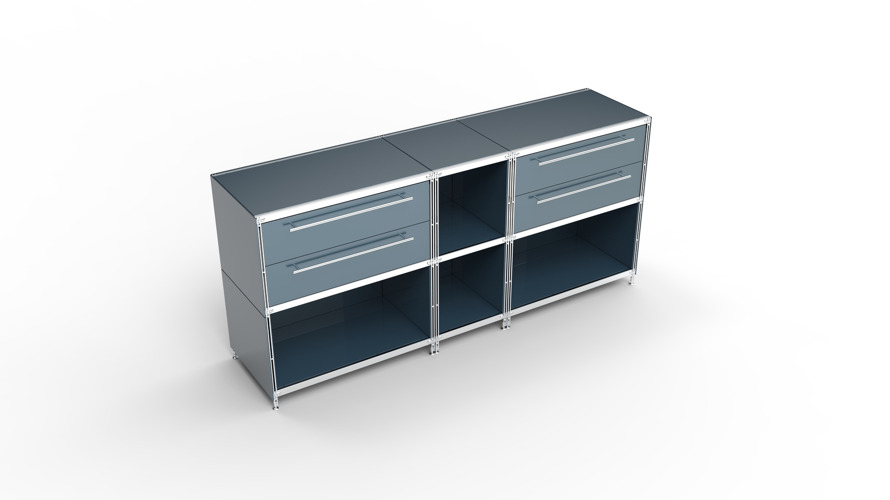 KUBUS Sideboard Metall anthrazit pulverbeschichtet mit 2 Doppel-Schubladen + 4 Fächern offen 196 cm breit