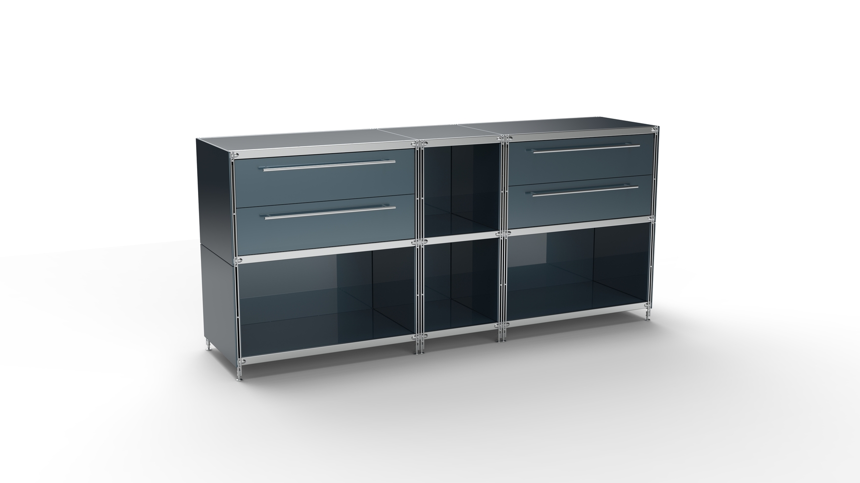 KUBUS Sideboard Metall anthrazit pulverbeschichtet mit 2 Doppel-Schubladen + 4 Fächern offen 196 cm breit