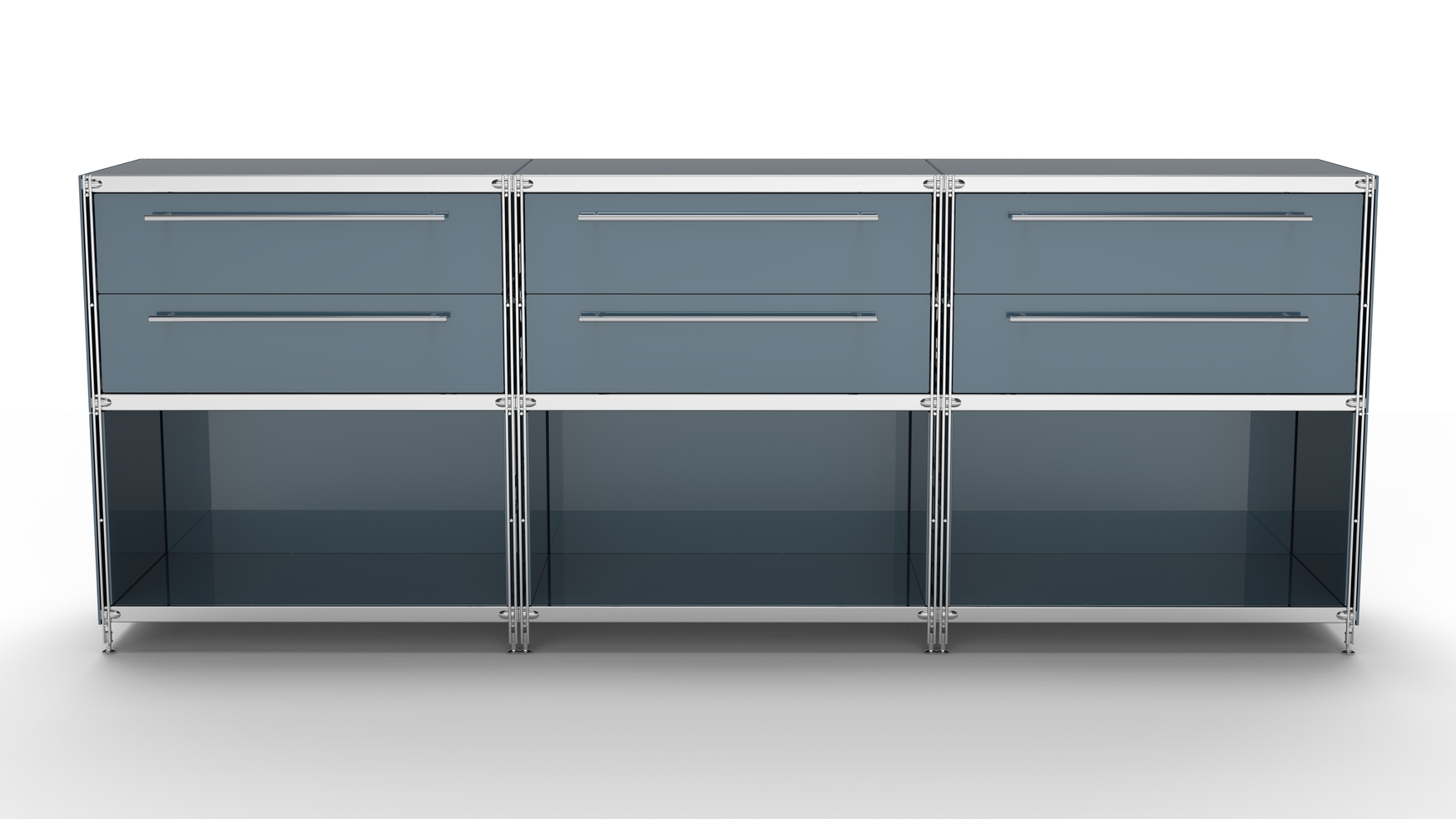 KUBUS Sideboard Metall anthrazit pulverbeschichtet mit 3 Doppel-Schubladen + 3 Fächern offen 235 cm breit 90 cm hoch