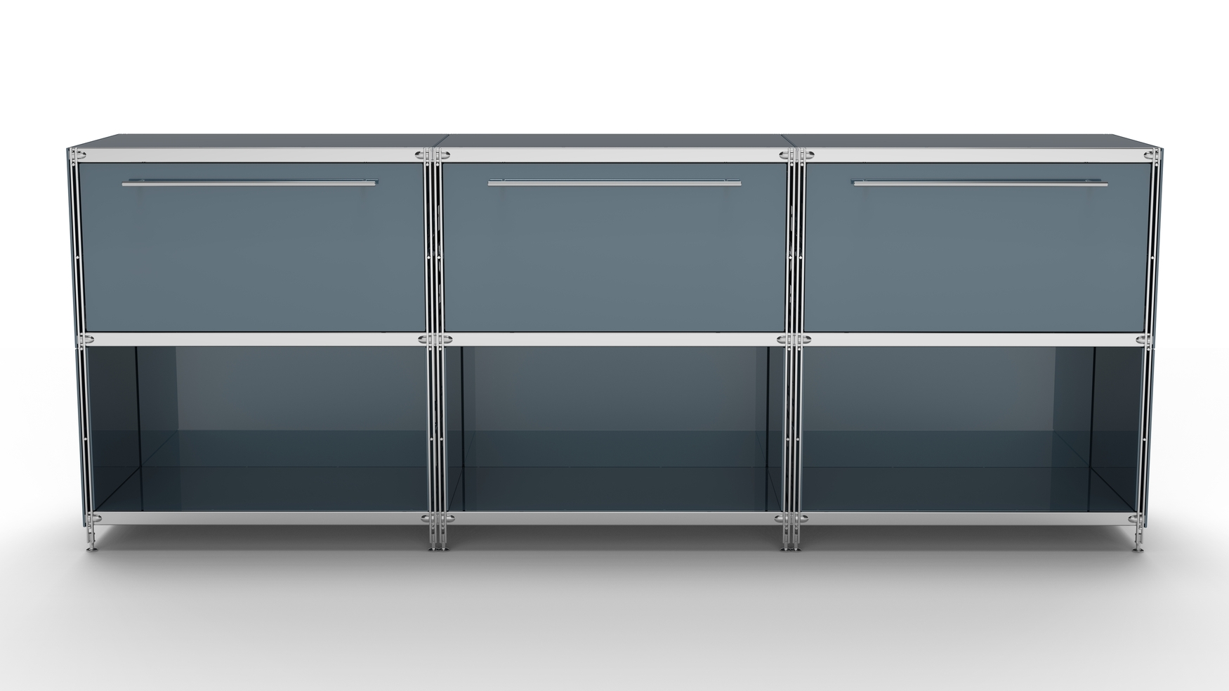 KUBUS Sideboard Metall anthrazit pulverbeschichtet mit 3 großen Schubladen + 3 Fächern offen 235 cm breit 90 cm hoch