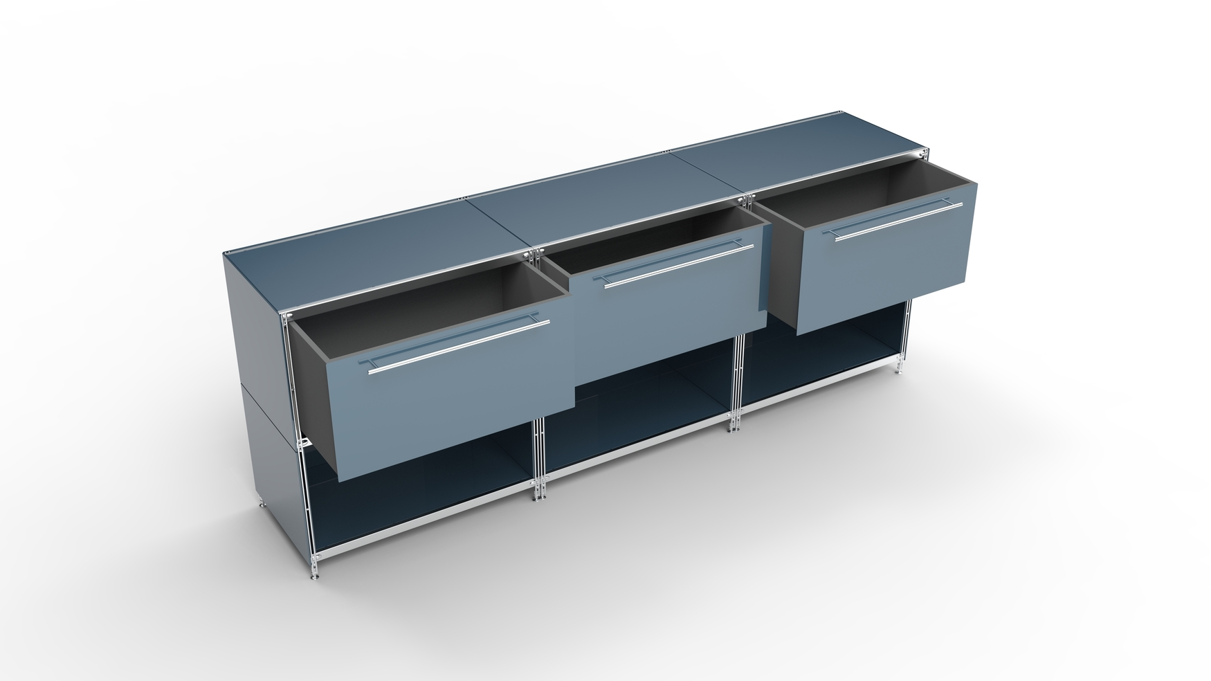 KUBUS Sideboard Metall anthrazit pulverbeschichtet mit 3 großen Schubladen + 3 Fächern offen 235 cm breit