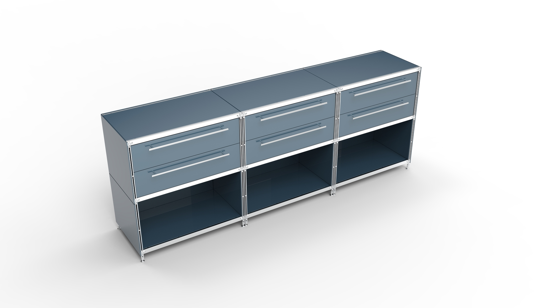 KUBUS Sideboard Metall anthrazit pulverbeschichtet mit 3 Doppel-Schubladen + 3 Fächern offen 235 cm breit