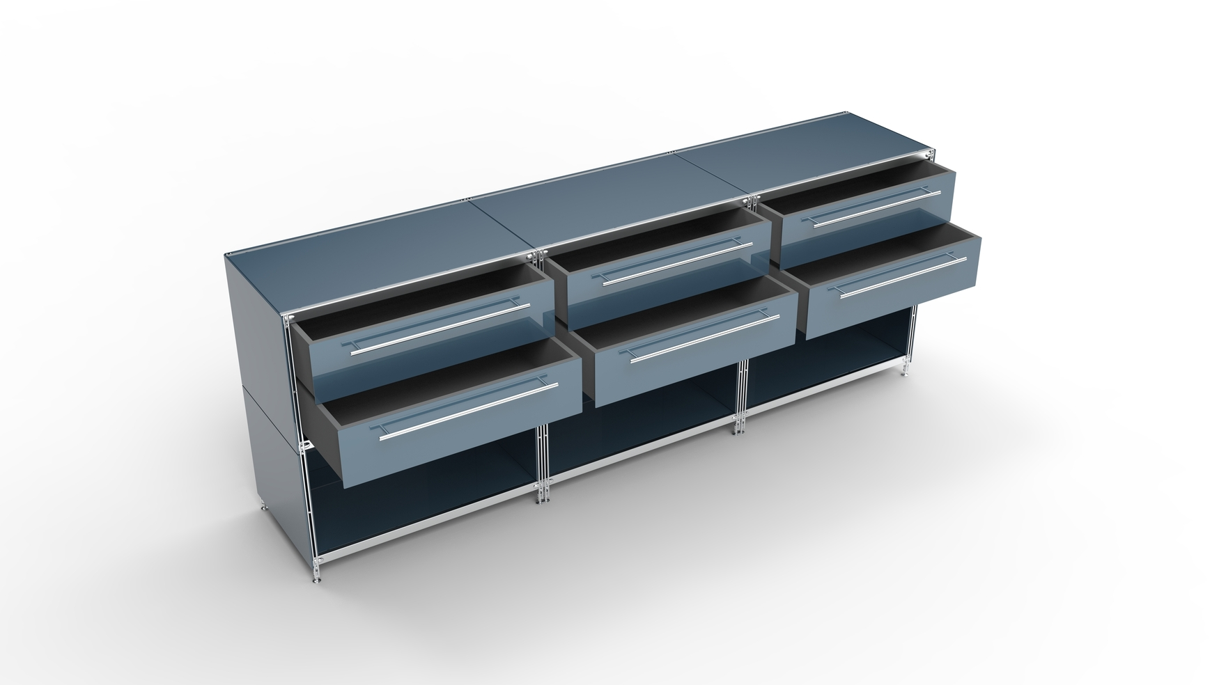 KUBUS Sideboard Metall anthrazit pulverbeschichtet mit 3 Doppel-Schubladen + 3 Fächern offen 235 cm breit 90 cm hoch