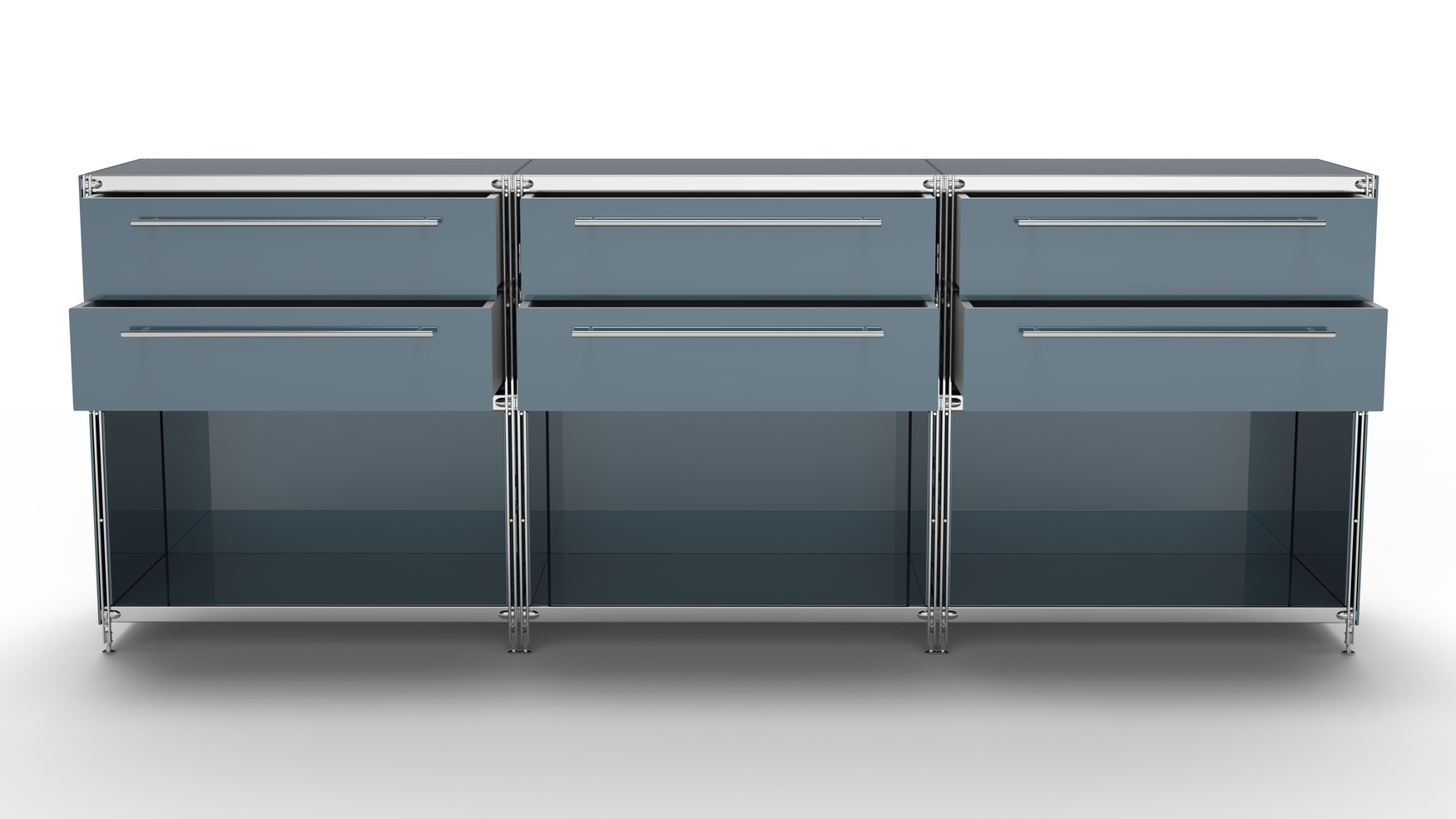 KUBUS Sideboard Metall anthrazit pulverbeschichtet mit 3 Doppel-Schubladen + 3 Fächern offen 235 cm breit 90 cm hoch